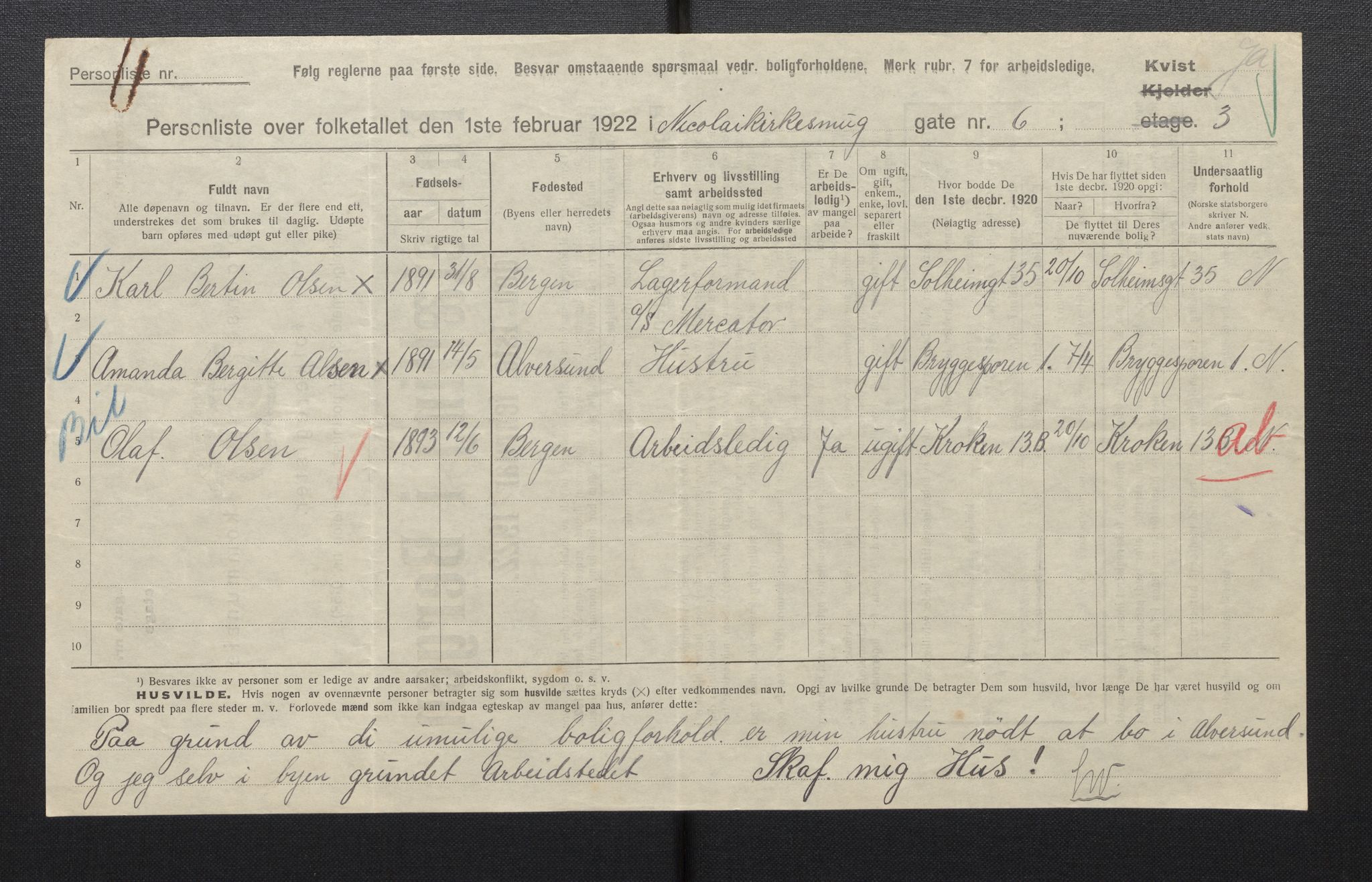 SAB, Municipal Census 1922 for Bergen, 1922, p. 26677