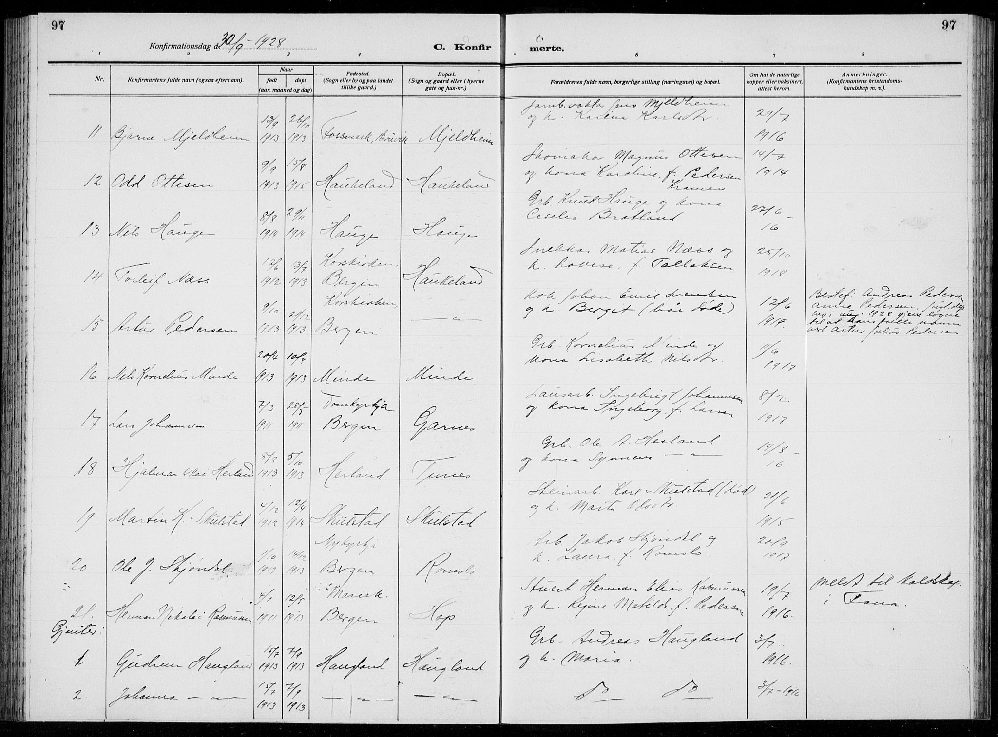 Arna Sokneprestembete, AV/SAB-A-74001/H/Ha/Hab: Parish register (copy) no. A  6, 1922-1936, p. 97