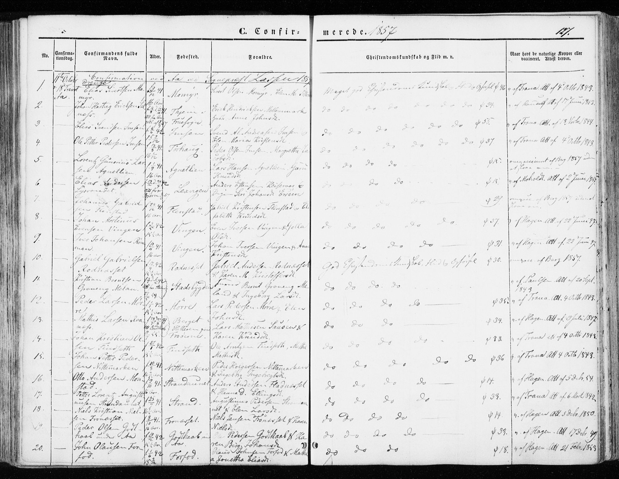 Ministerialprotokoller, klokkerbøker og fødselsregistre - Sør-Trøndelag, SAT/A-1456/655/L0677: Parish register (official) no. 655A06, 1847-1860, p. 127