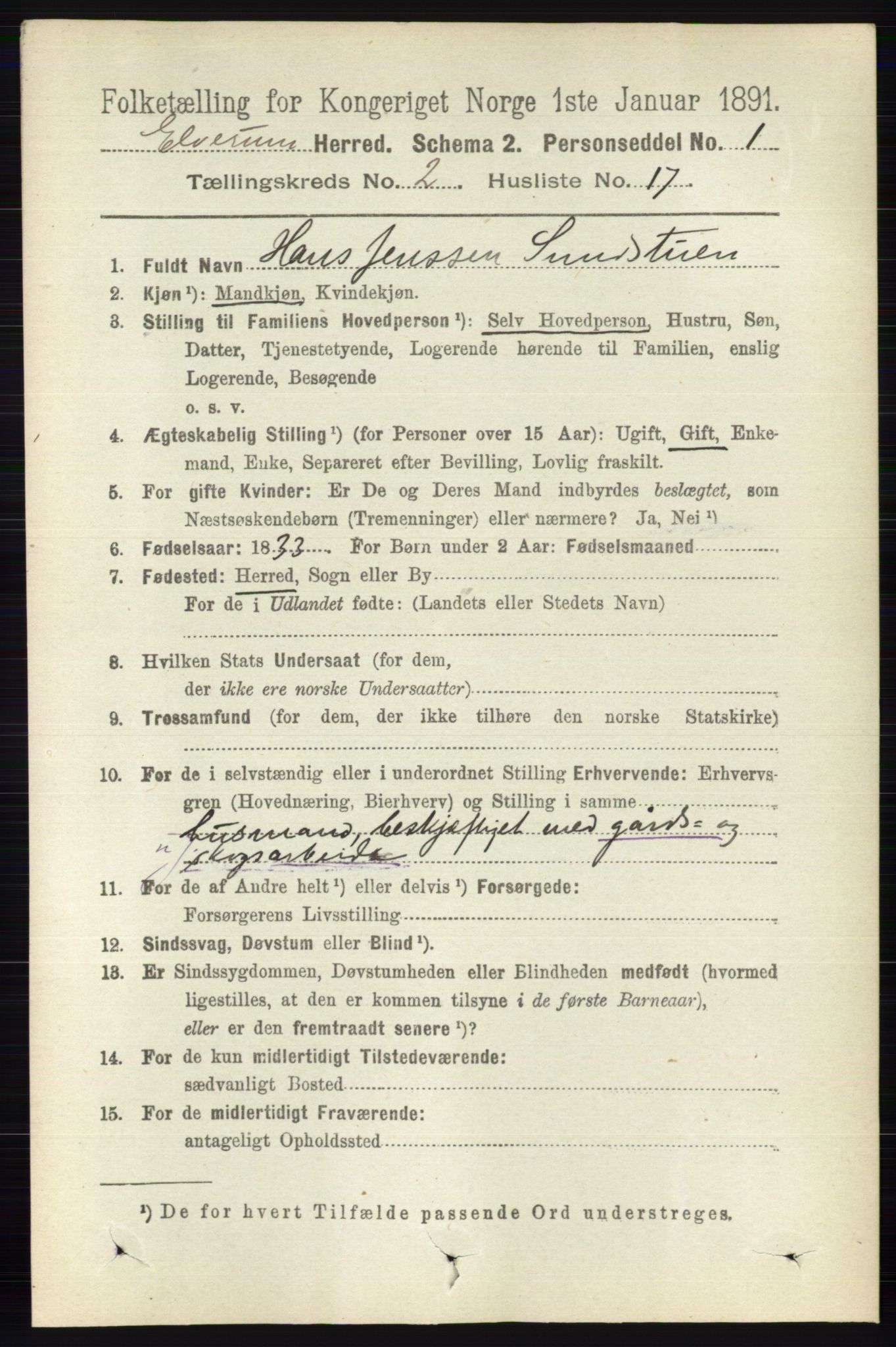 RA, 1891 census for 0427 Elverum, 1891, p. 1331