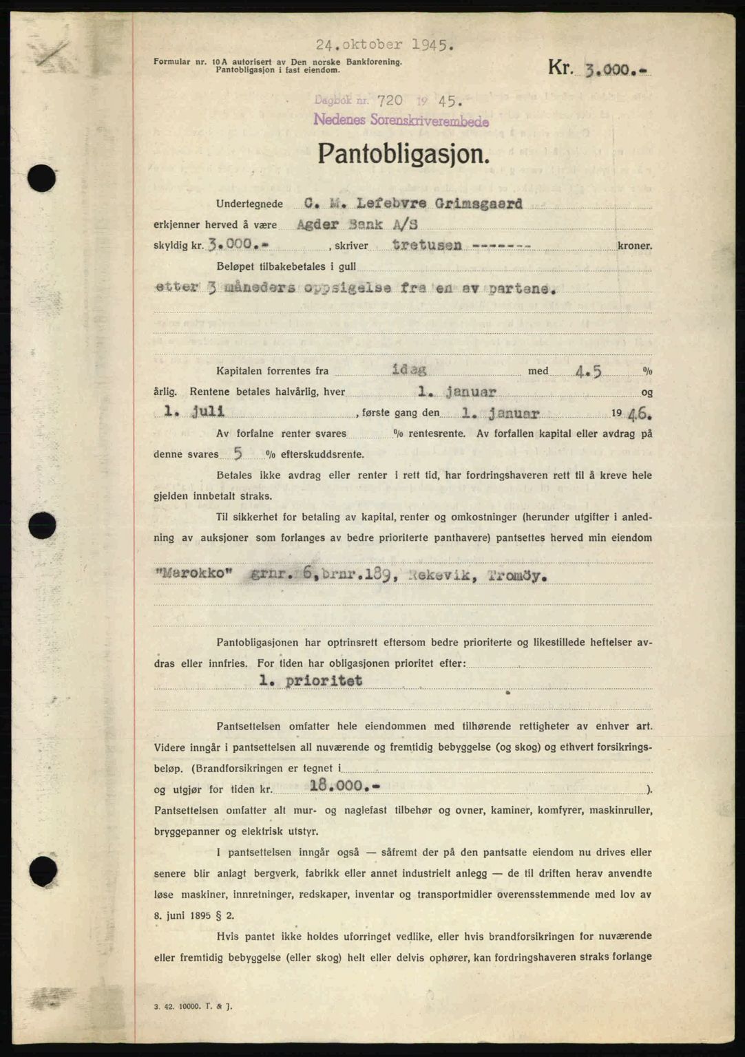 Nedenes sorenskriveri, AV/SAK-1221-0006/G/Gb/Gbb/L0003: Mortgage book no. B3a, 1945-1945, Diary no: : 720/1945