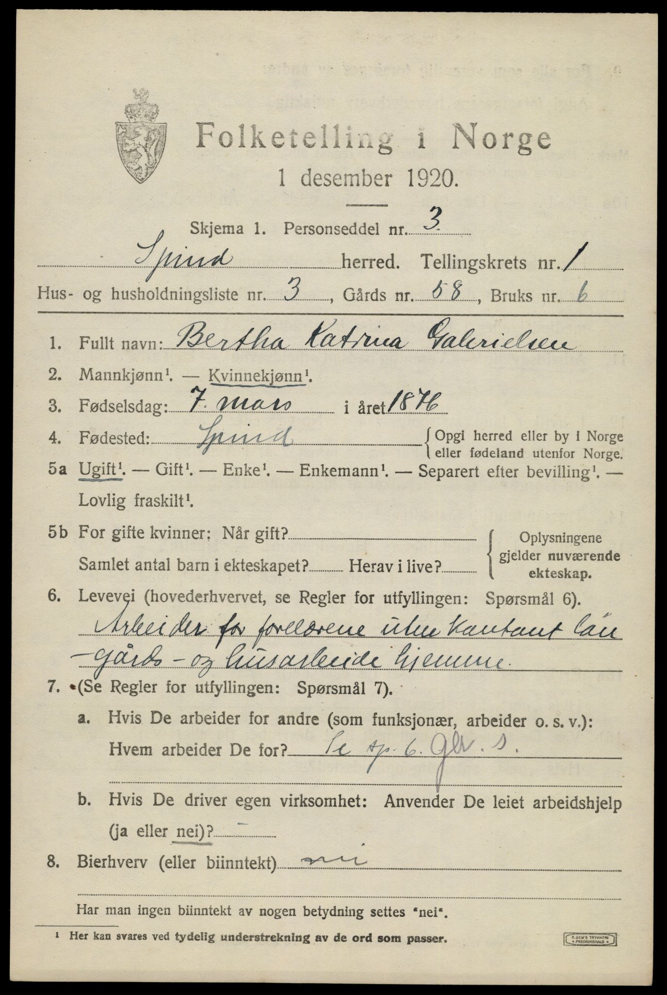 SAK, 1920 census for Spind, 1920, p. 591