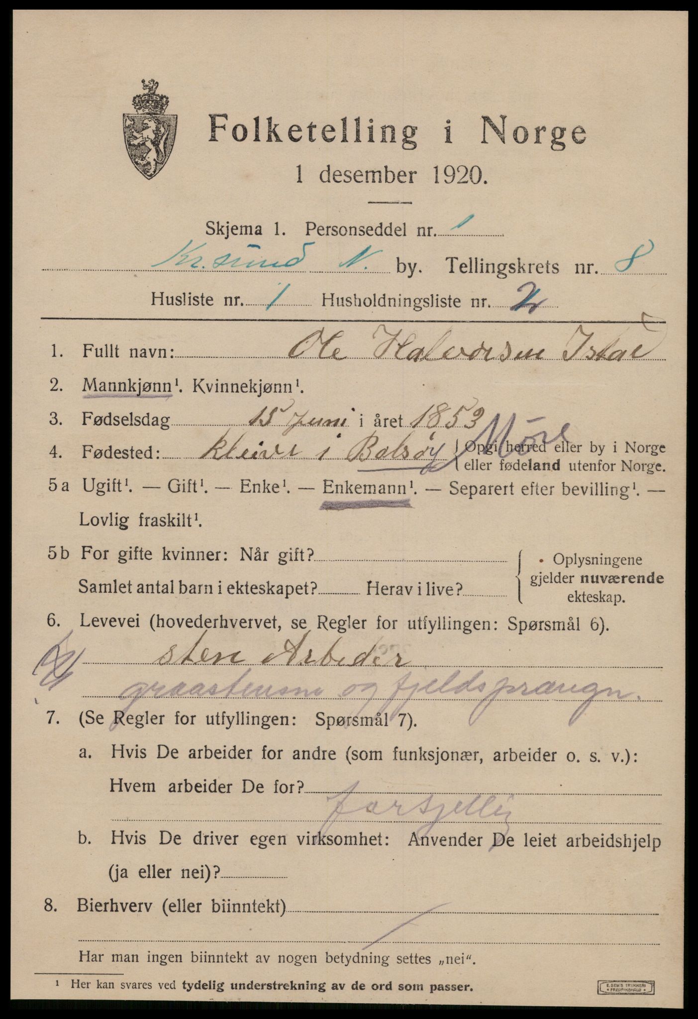 SAT, 1920 census for Kristiansund, 1920, p. 19839