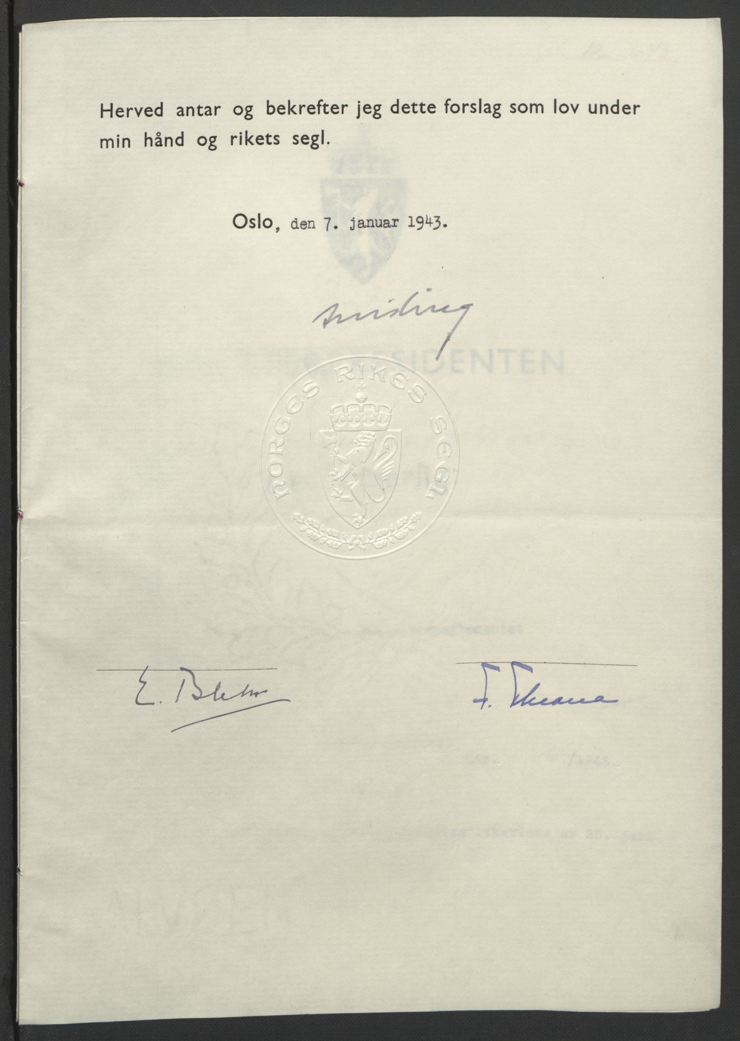 NS-administrasjonen 1940-1945 (Statsrådsekretariatet, de kommisariske statsråder mm), RA/S-4279/D/Db/L0099: Lover, 1943, p. 29