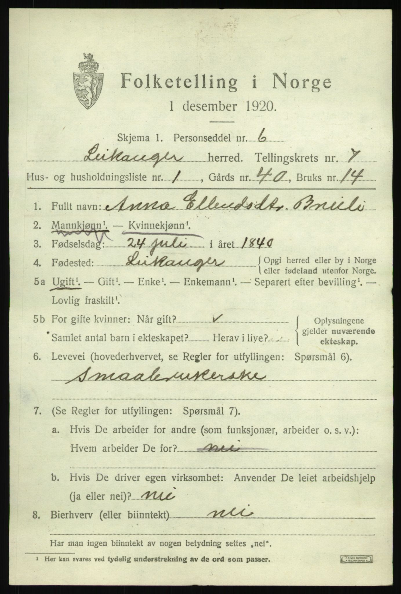 SAB, 1920 census for Leikanger, 1920, p. 4598