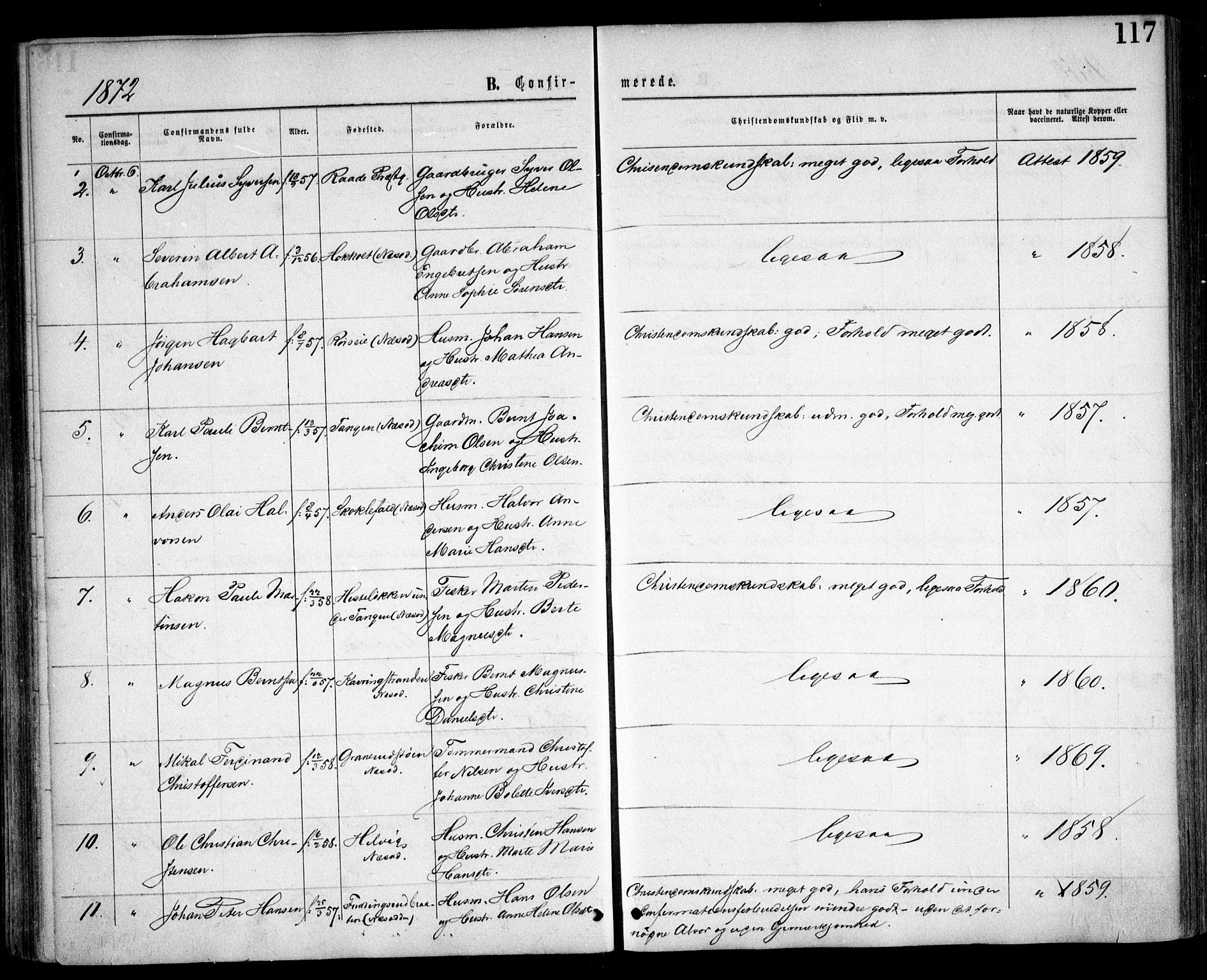 Nesodden prestekontor Kirkebøker, AV/SAO-A-10013/F/Fa/L0008: Parish register (official) no. I 8, 1869-1879, p. 117