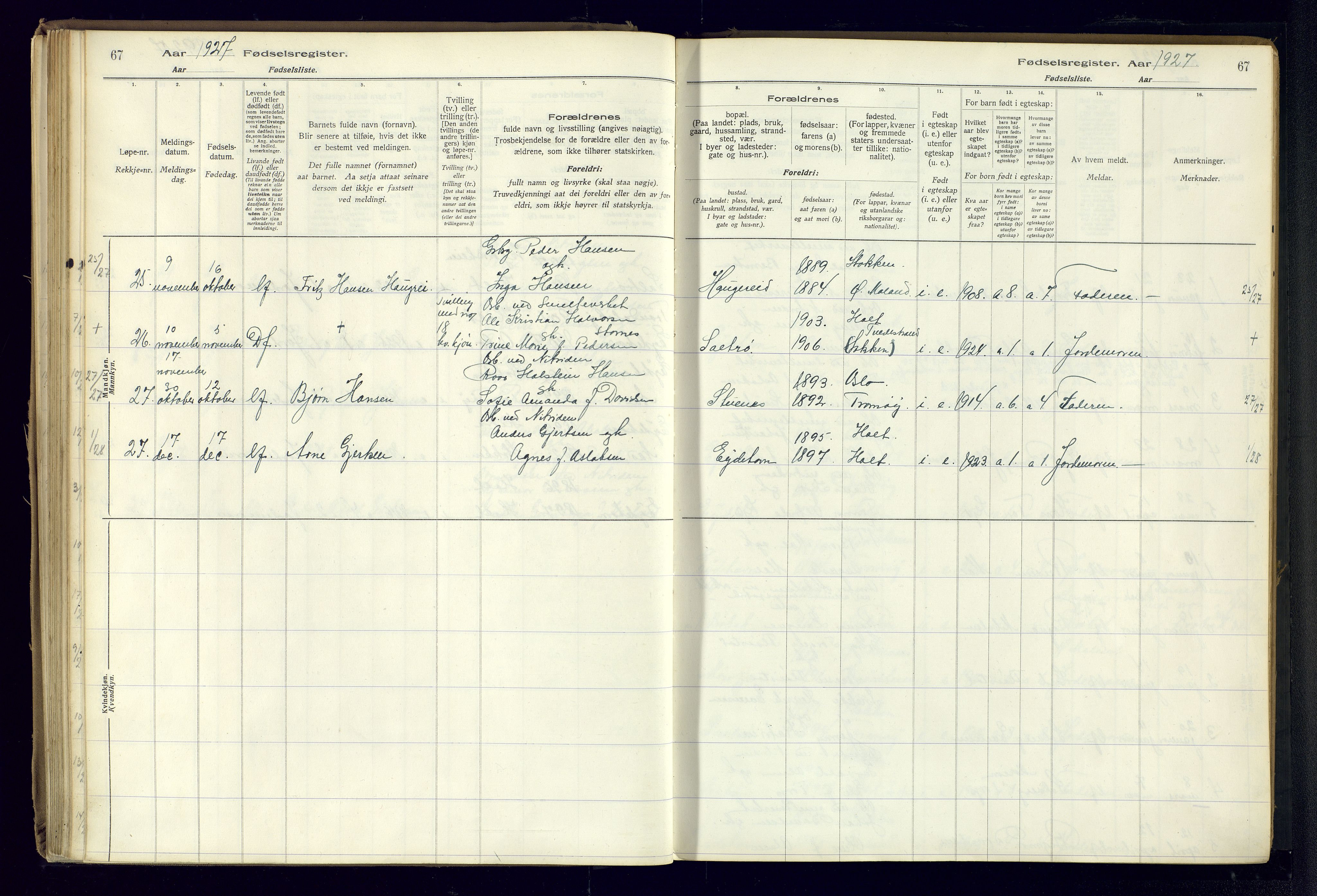 Austre Moland sokneprestkontor, AV/SAK-1111-0001/J/Ja/L0003: Birth register no. A-VI-27, 1916-1950, p. 67