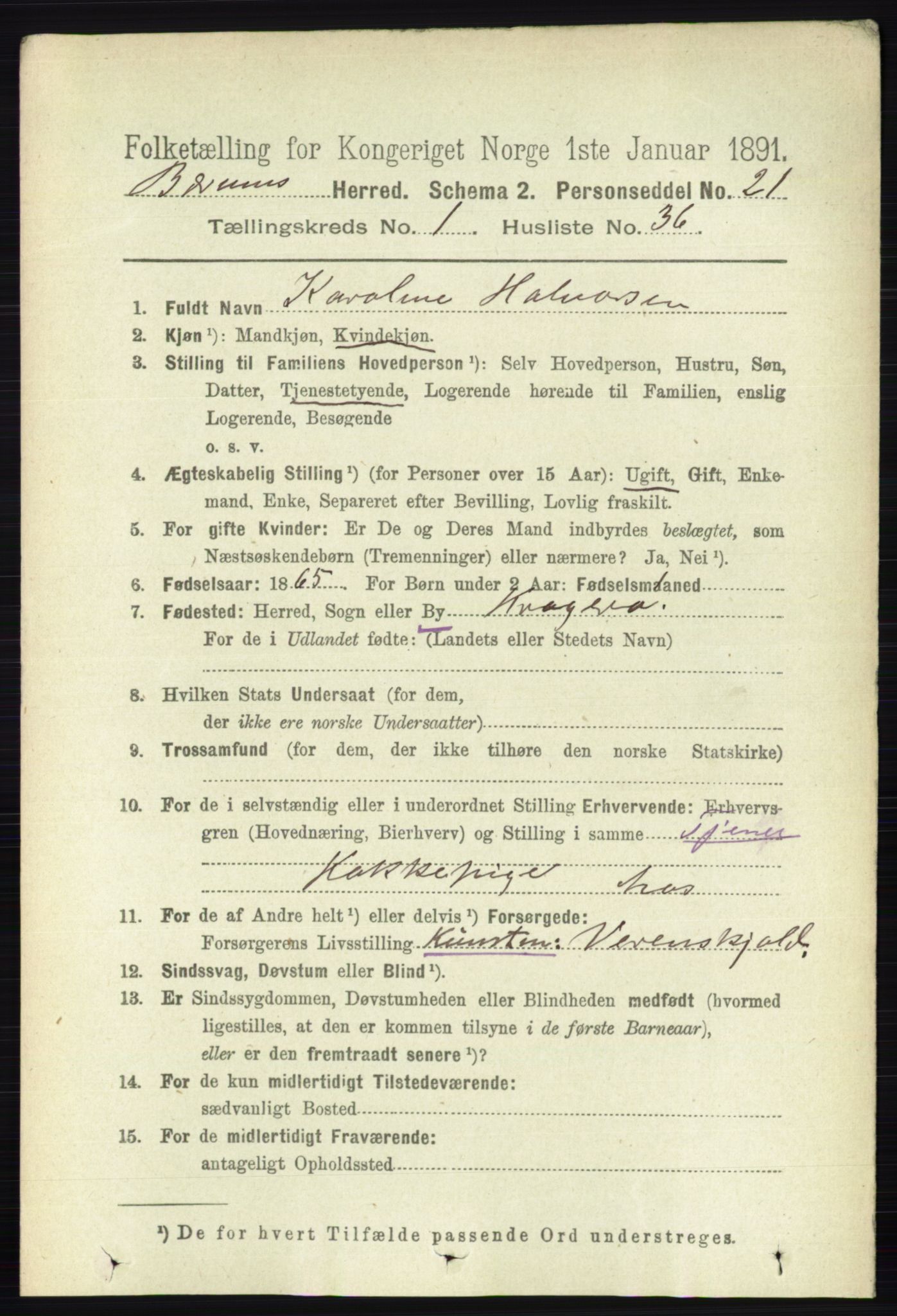 RA, 1891 census for 0219 Bærum, 1891, p. 487