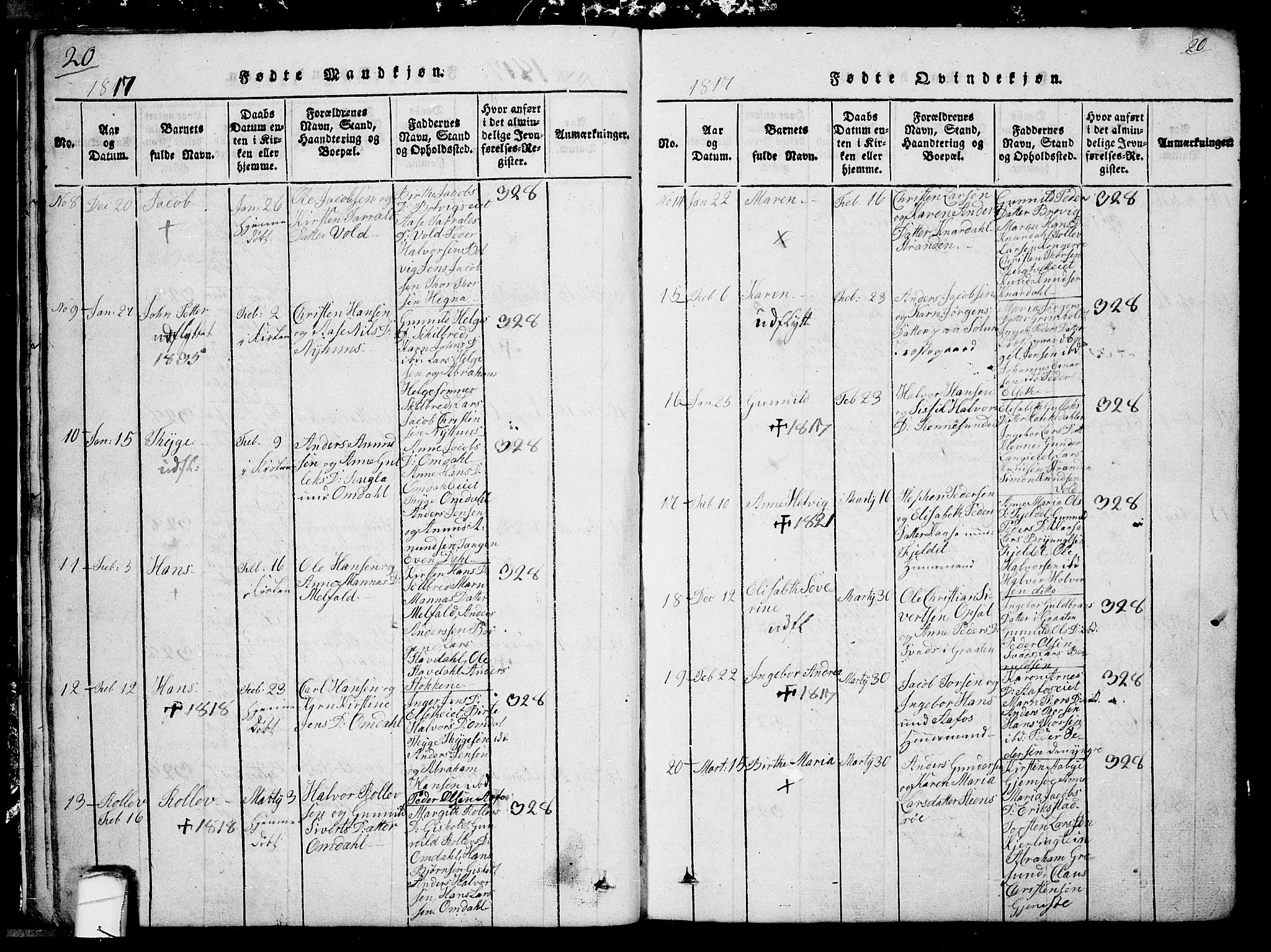 Solum kirkebøker, AV/SAKO-A-306/G/Ga/L0001: Parish register (copy) no. I 1, 1814-1833, p. 20