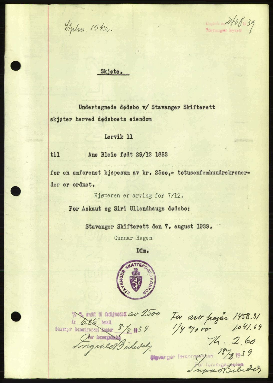 Stavanger byrett, SAST/A-100455/002/G/Gb/L0014: Mortgage book no. A4, 1938-1939, Diary no: : 2408/1939
