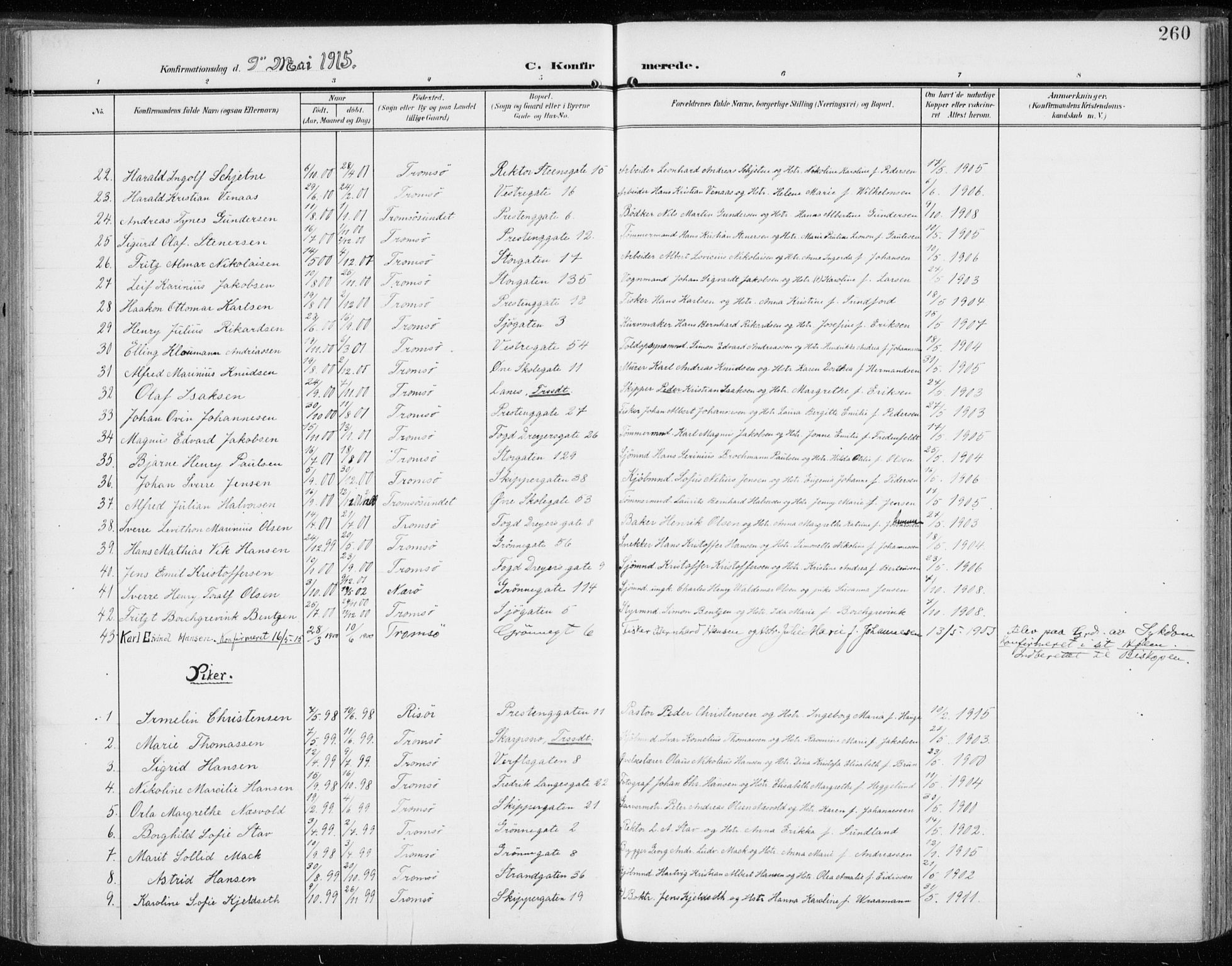 Tromsø sokneprestkontor/stiftsprosti/domprosti, AV/SATØ-S-1343/G/Ga/L0017kirke: Parish register (official) no. 17, 1907-1917, p. 260