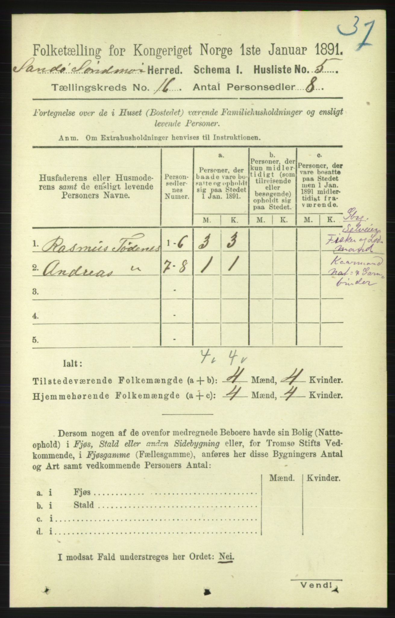 RA, 1891 census for 1514 Sande, 1891, p. 3144