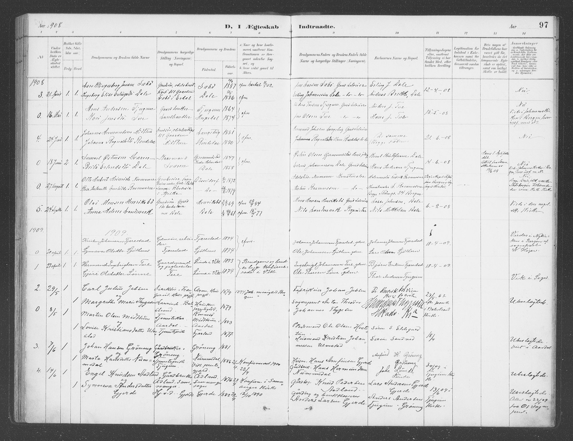Balestrand sokneprestembete, SAB/A-79601/H/Haa/Haab/L0001: Parish register (official) no. B  1, 1889-1910, p. 97