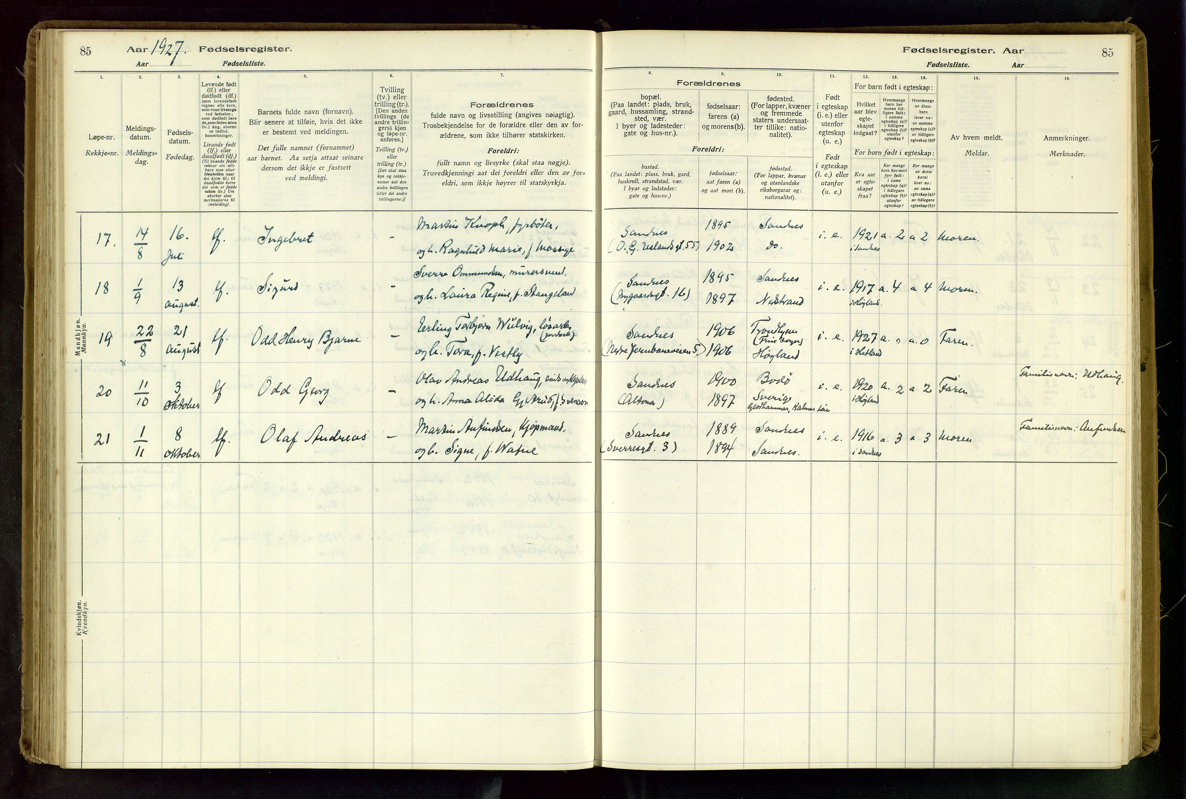 Sandnes sokneprestkontor, AV/SAST-A-101800/704BA/L0001: Birth register no. 1, 1916-1942, p. 85