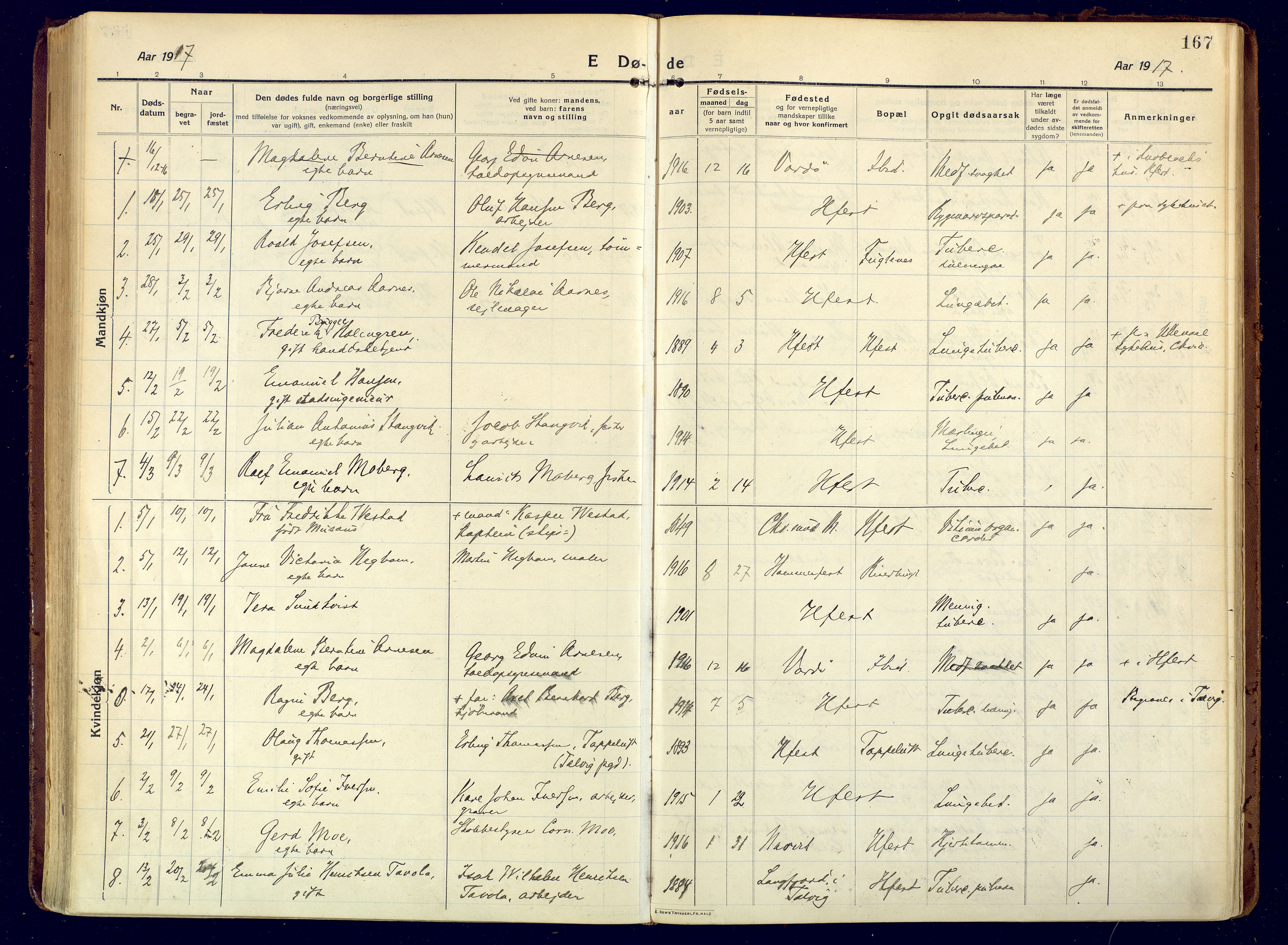 Hammerfest sokneprestkontor, AV/SATØ-S-1347/H/Ha/L0015.kirke: Parish register (official) no. 15, 1916-1923, p. 167