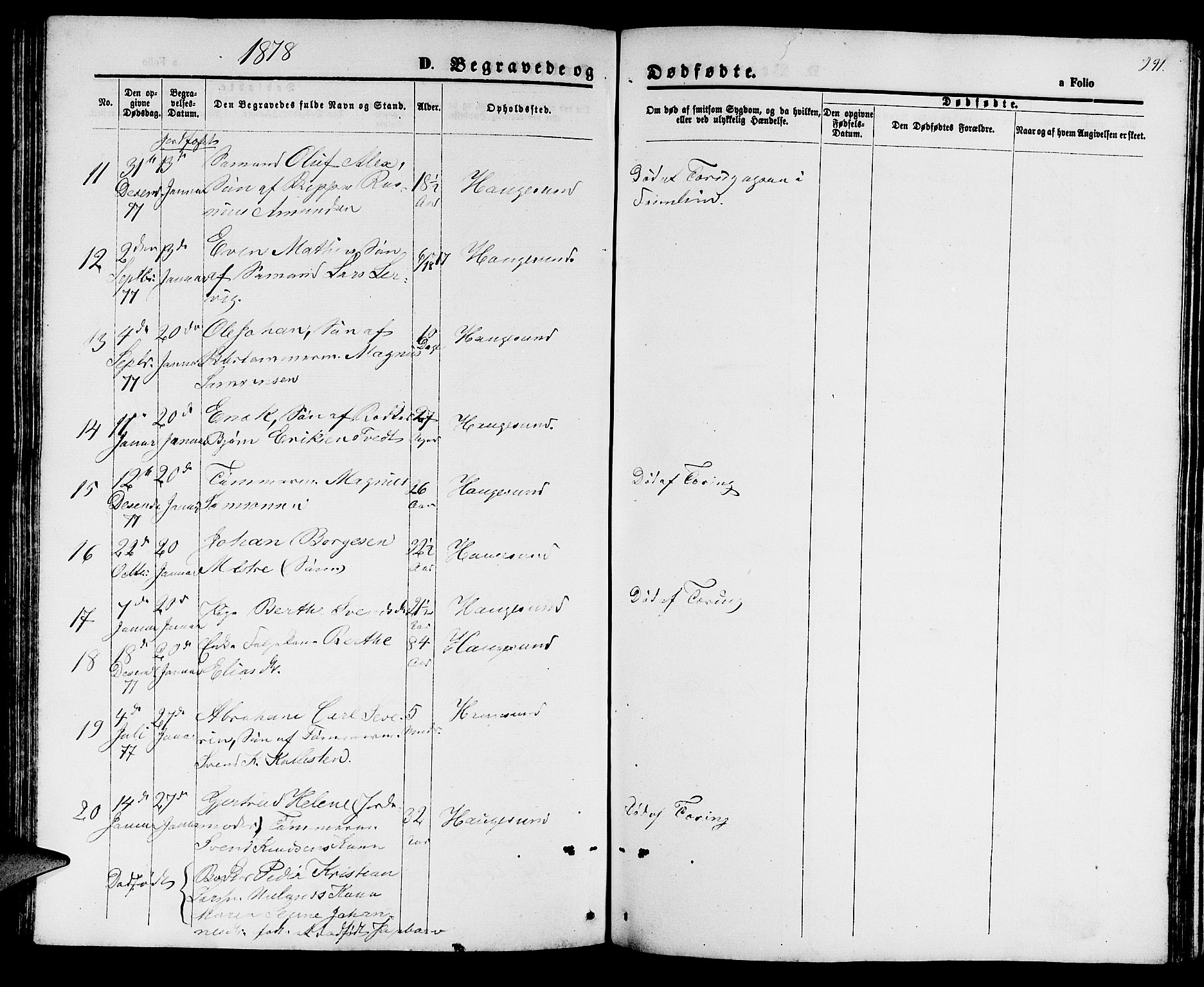 Haugesund sokneprestkontor, AV/SAST-A -101863/H/Ha/Hab/L0001: Parish register (copy) no. B 1, 1873-1881, p. 291