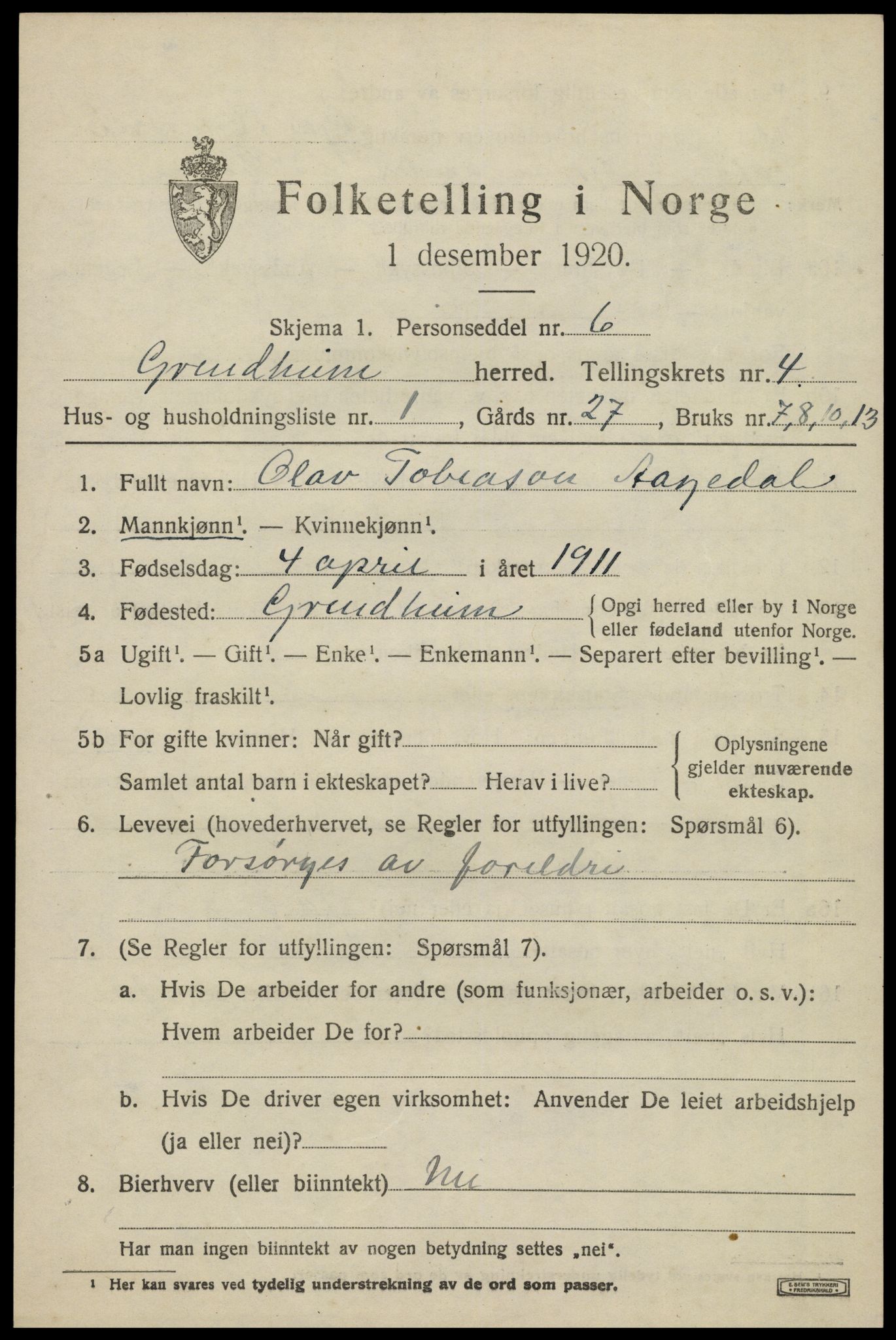 SAK, 1920 census for Grindheim, 1920, p. 1415