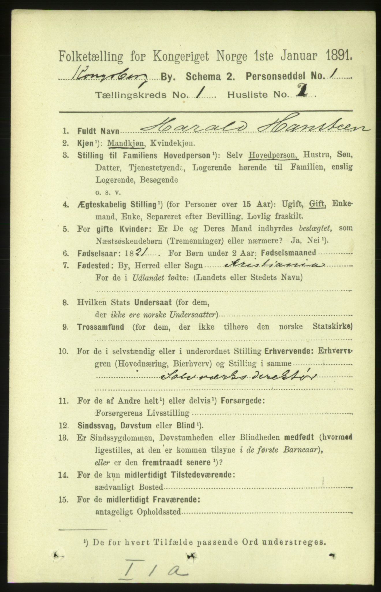 RA, 1891 census for 0604 Kongsberg, 1891, p. 1594