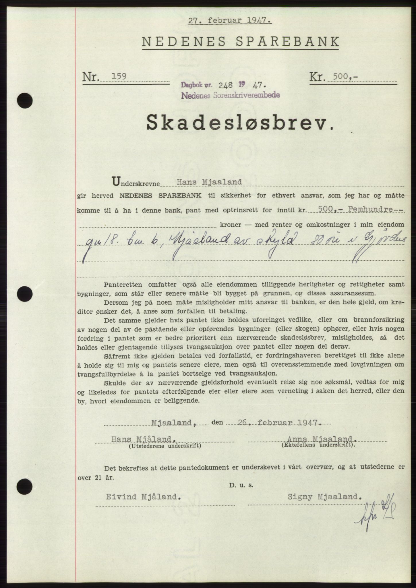 Nedenes sorenskriveri, AV/SAK-1221-0006/G/Gb/Gbb/L0004: Mortgage book no. B4, 1947-1947, Diary no: : 248/1947