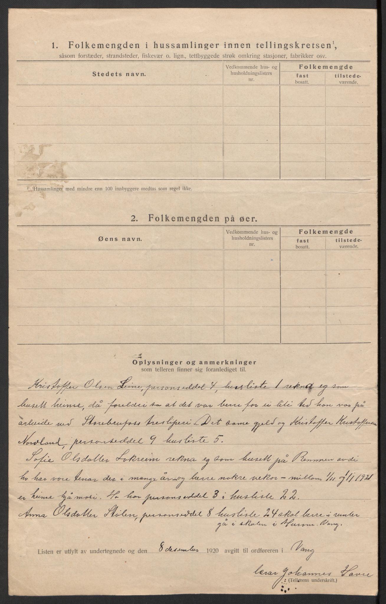 SAH, 1920 census for Vang (Oppland), 1920, p. 20