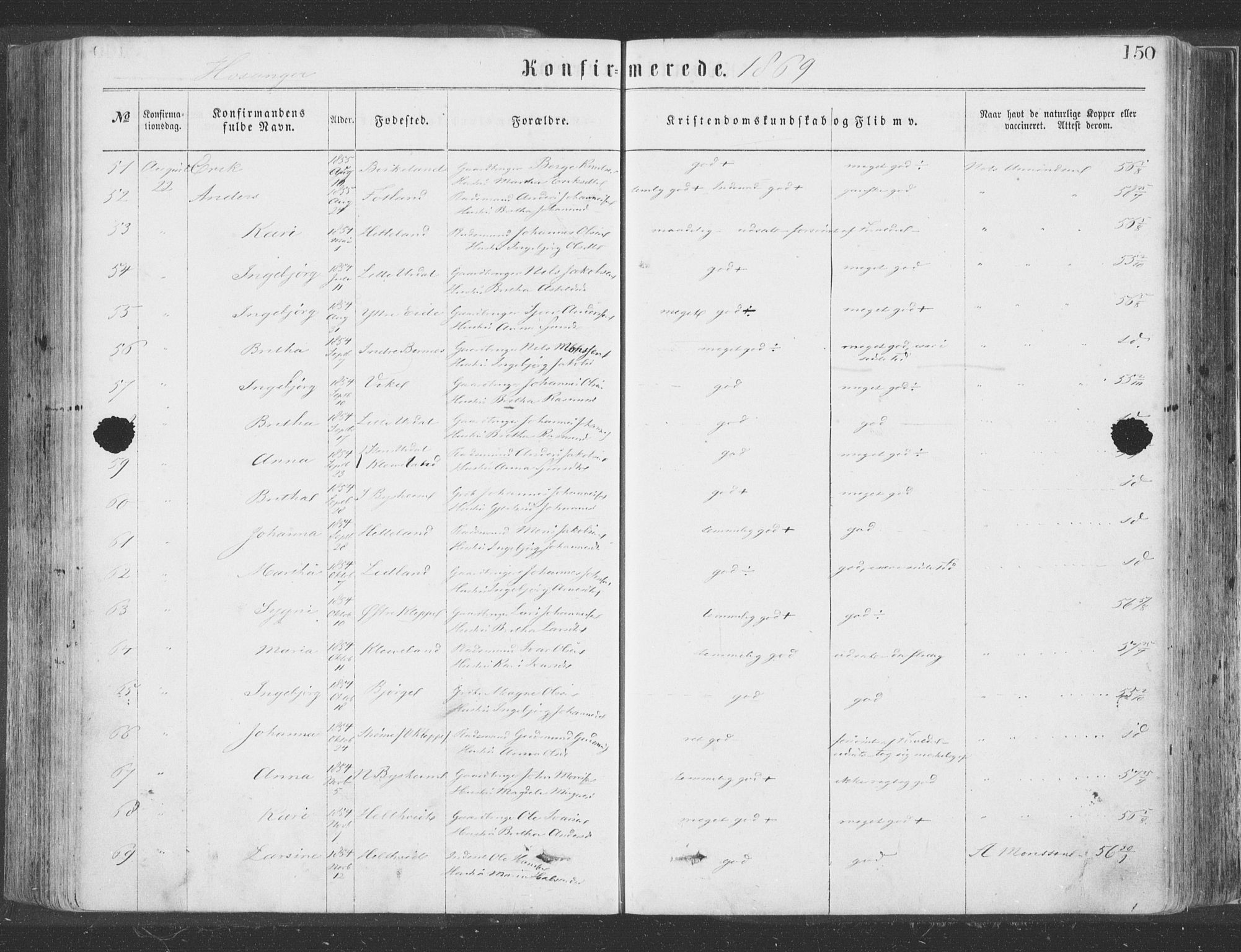 Hosanger sokneprestembete, SAB/A-75801/H/Haa: Parish register (official) no. A 9, 1864-1876, p. 150