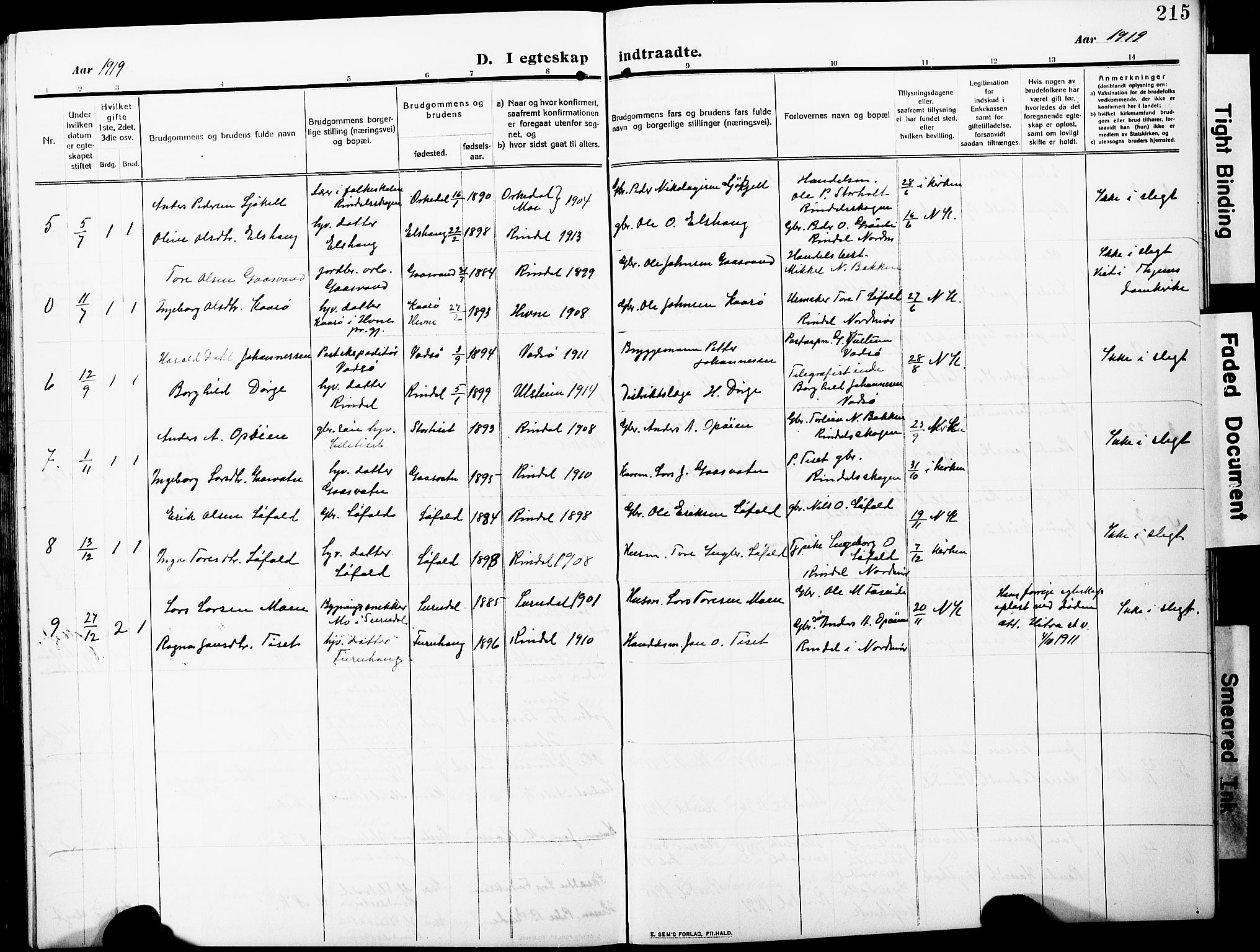 Ministerialprotokoller, klokkerbøker og fødselsregistre - Møre og Romsdal, AV/SAT-A-1454/598/L1079: Parish register (copy) no. 598C04, 1909-1927, p. 215