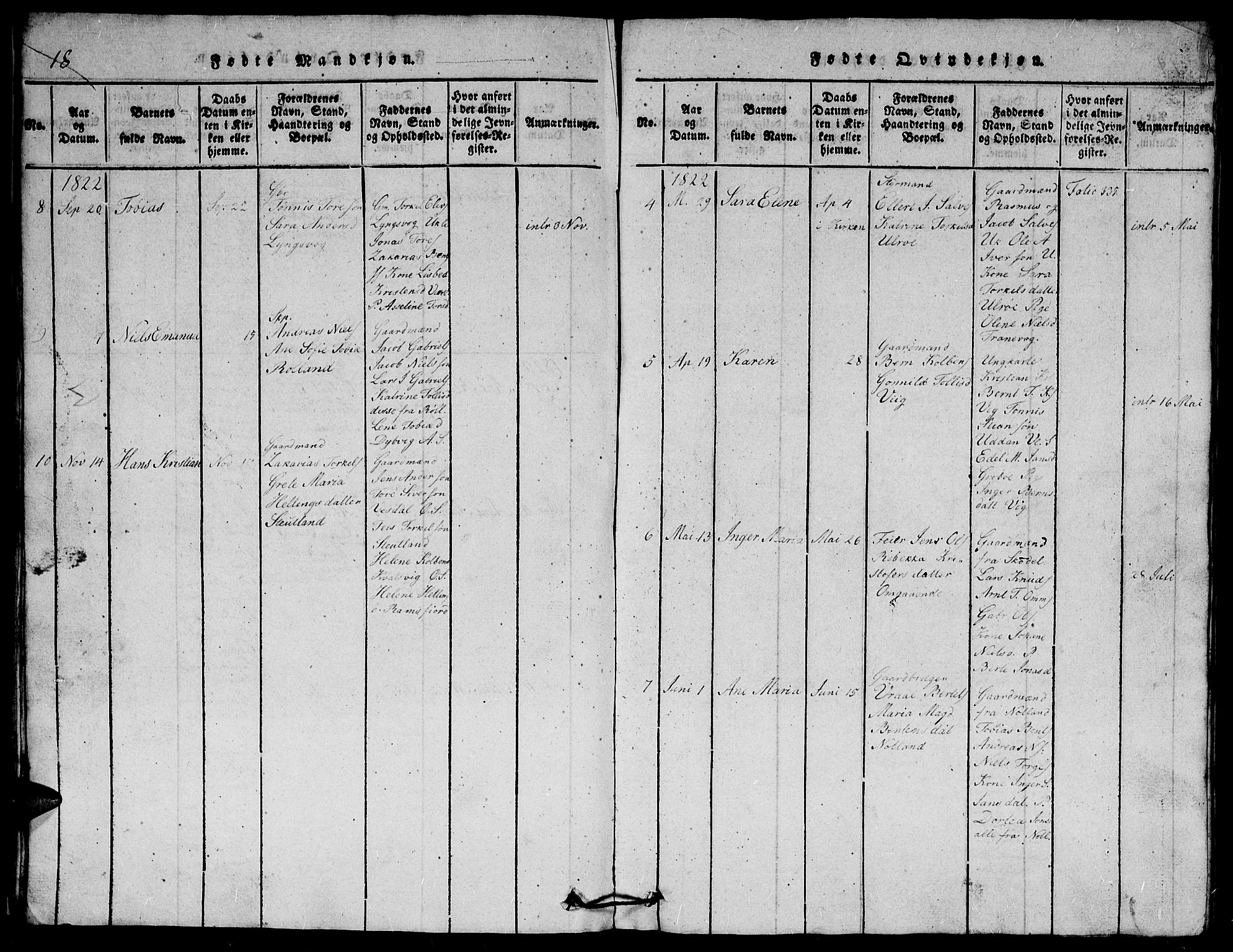 Herad sokneprestkontor, SAK/1111-0018/F/Fb/Fbb/L0001: Parish register (copy) no. B 1, 1815-1852, p. 19