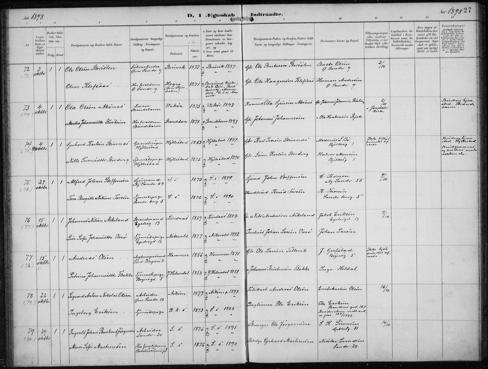 Sandviken Sokneprestembete, AV/SAB-A-77601/H/Ha/L0014: Parish register (official) no. D 1, 1896-1911, p. 27