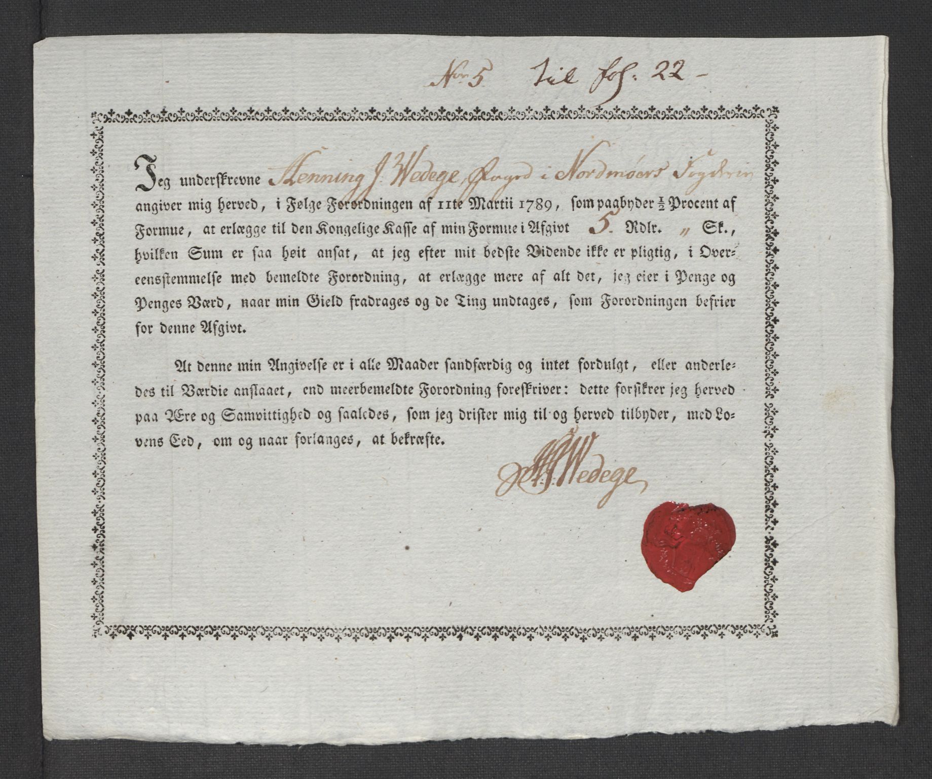 Rentekammeret inntil 1814, Reviderte regnskaper, Mindre regnskaper, AV/RA-EA-4068/Rf/Rfe/L0031: Nordmøre fogderi, Numedal og Sandsvær fogderi, 1789, p. 282