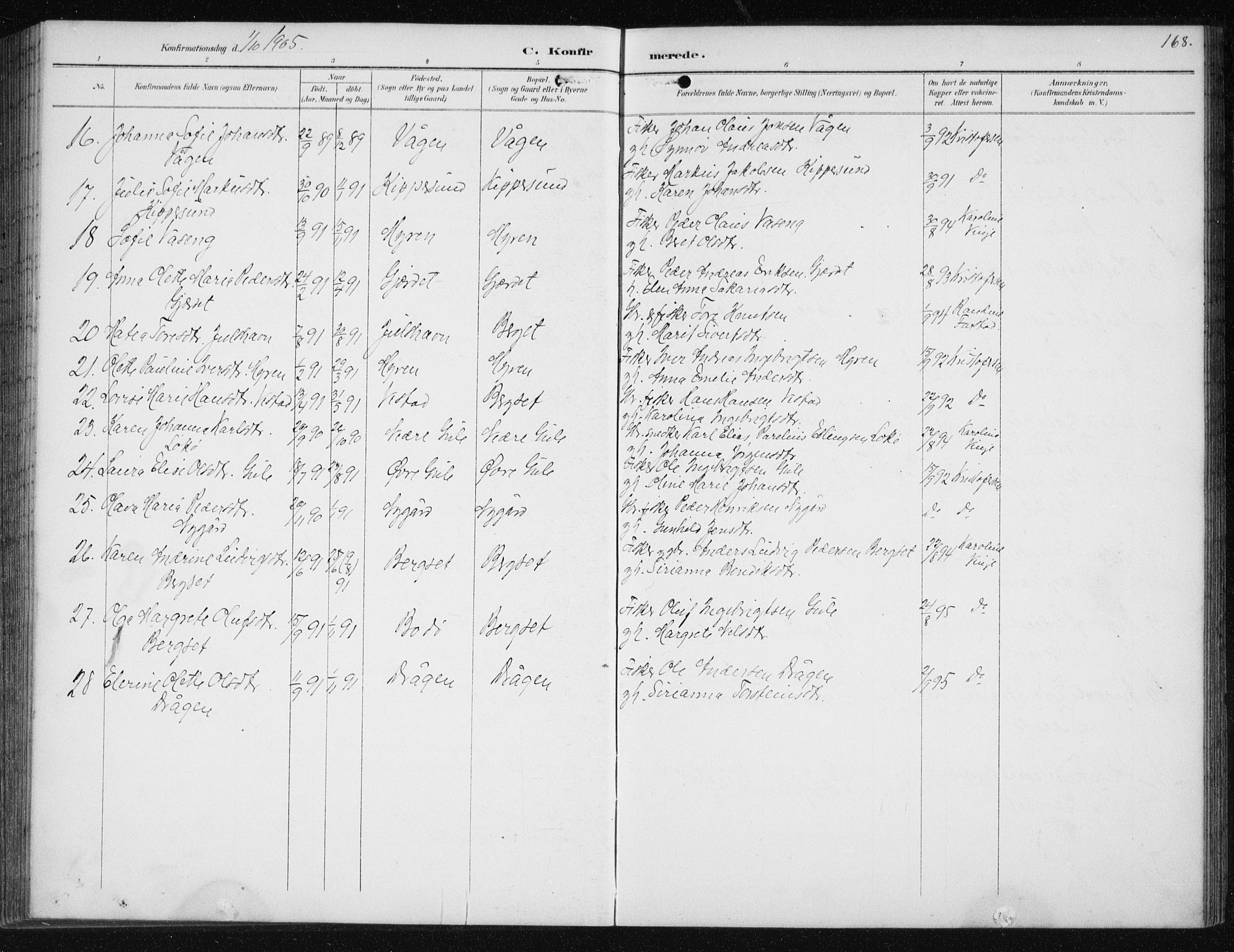 Ministerialprotokoller, klokkerbøker og fødselsregistre - Møre og Romsdal, AV/SAT-A-1454/566/L0773: Parish register (copy) no. 566C02, 1892-1909, p. 168