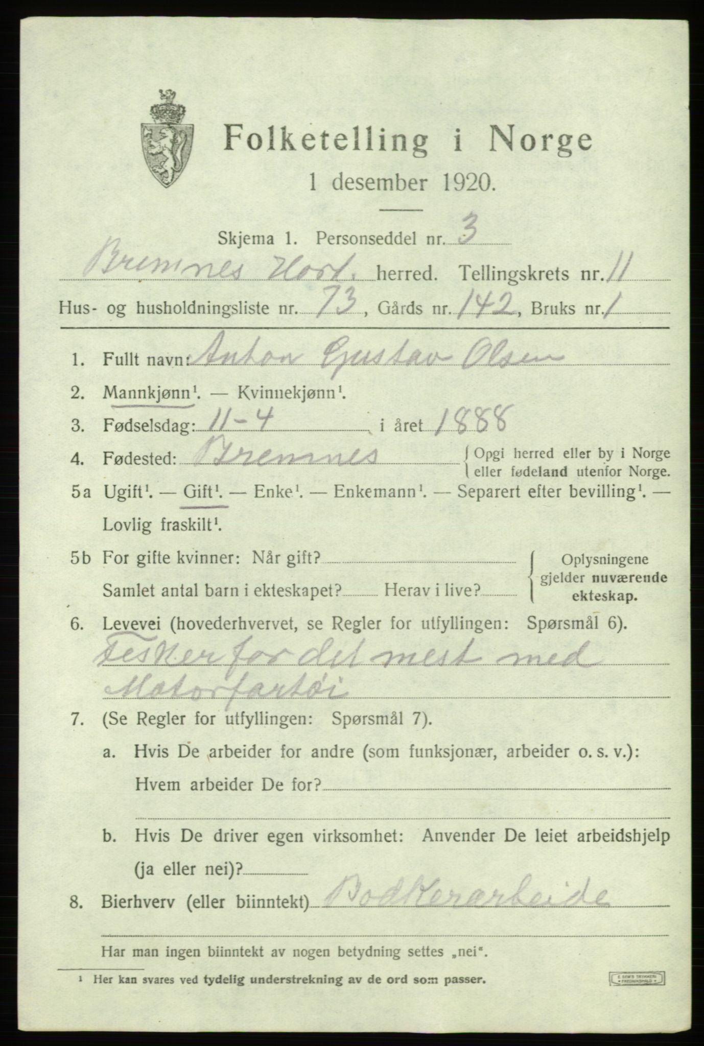 SAB, 1920 census for Bremnes, 1920, p. 7580