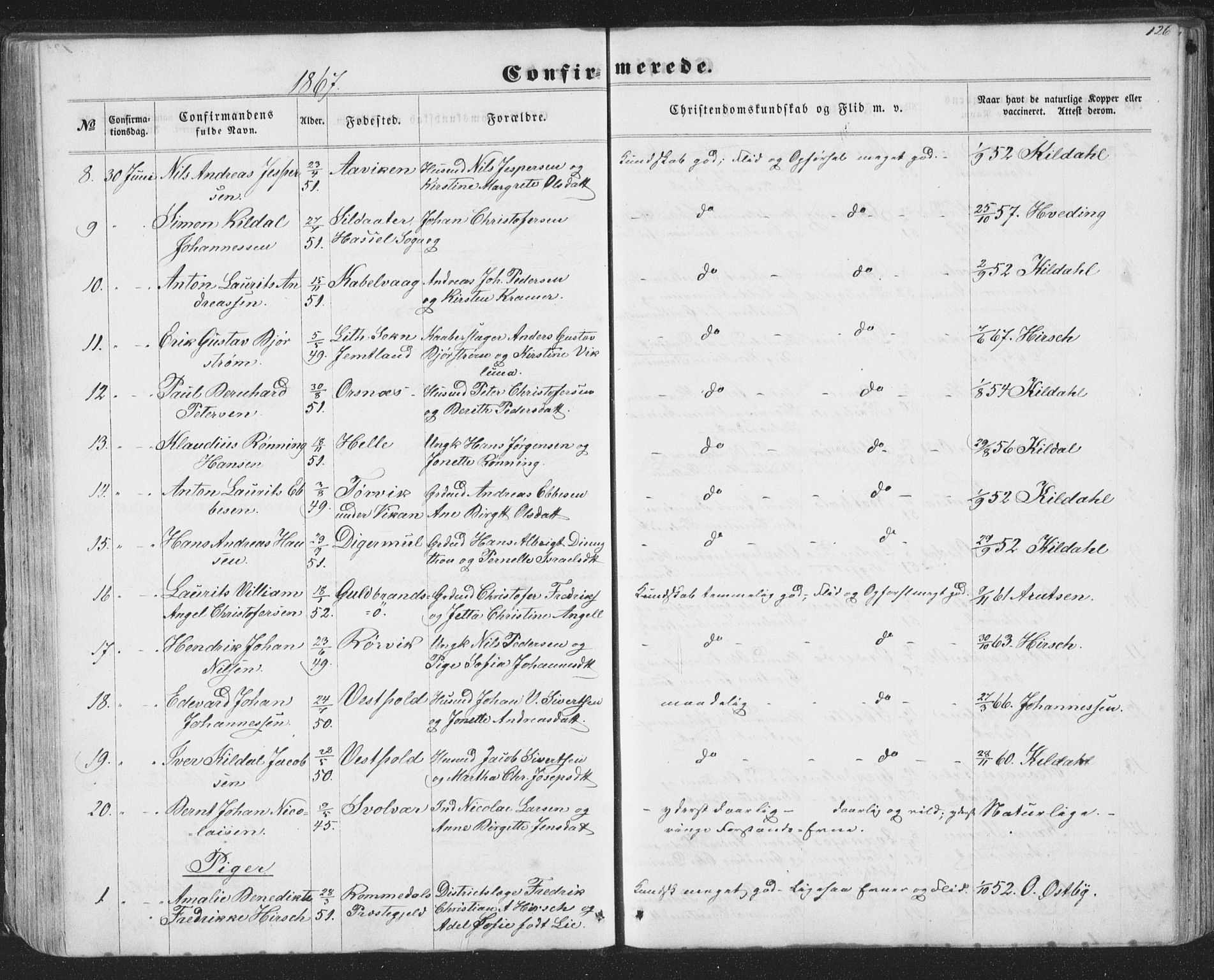 Ministerialprotokoller, klokkerbøker og fødselsregistre - Nordland, AV/SAT-A-1459/874/L1073: Parish register (copy) no. 874C02, 1860-1870, p. 126