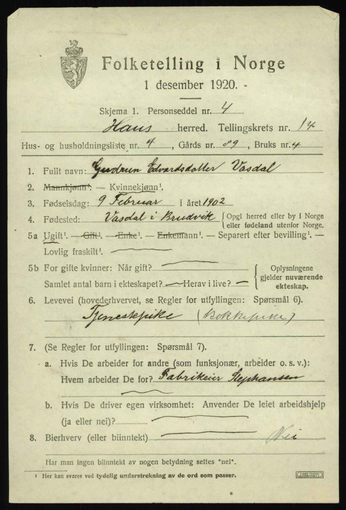 SAB, 1920 census for Haus, 1920, p. 8835