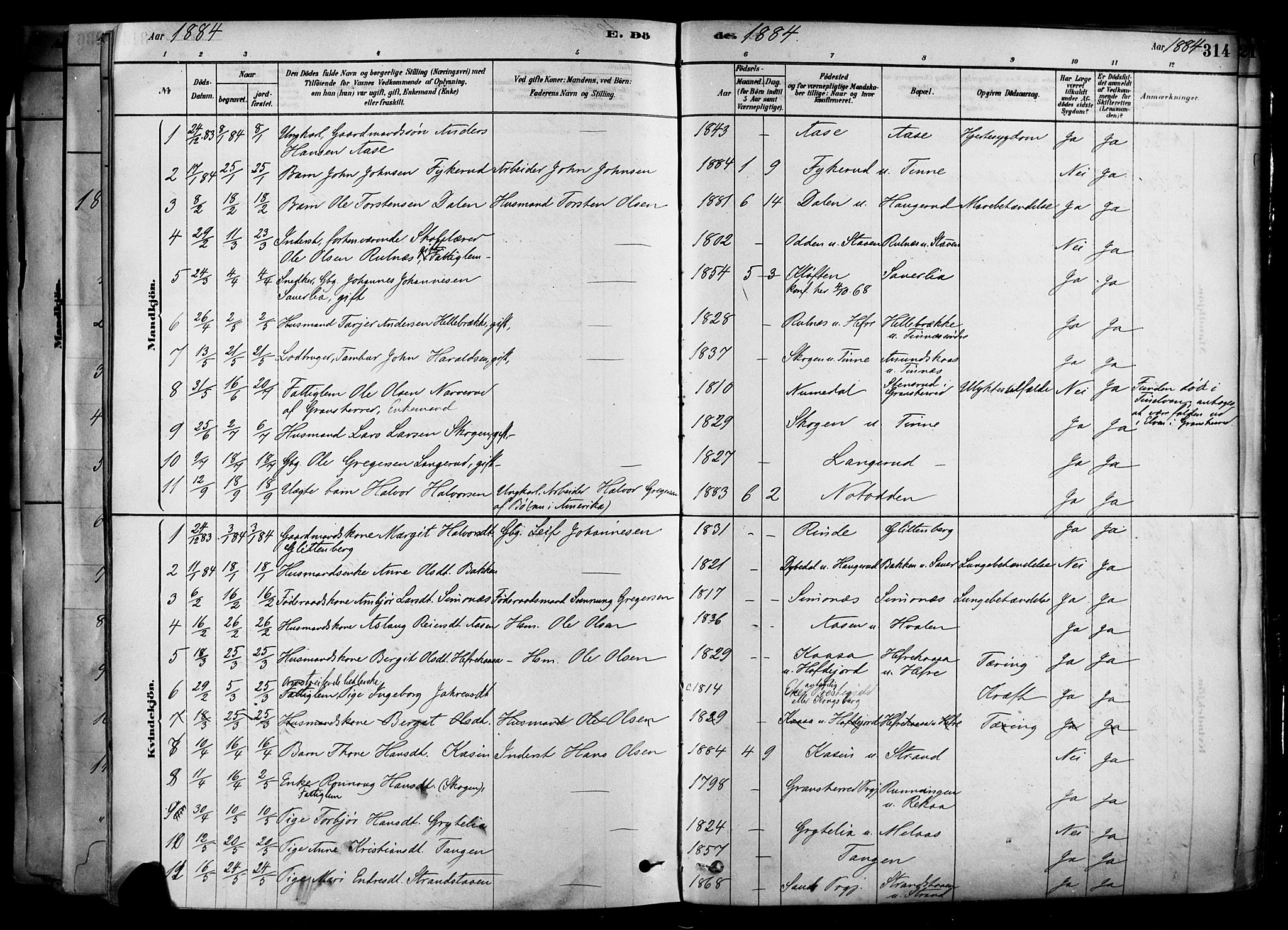 Heddal kirkebøker, SAKO/A-268/F/Fa/L0008: Parish register (official) no. I 8, 1878-1903, p. 314