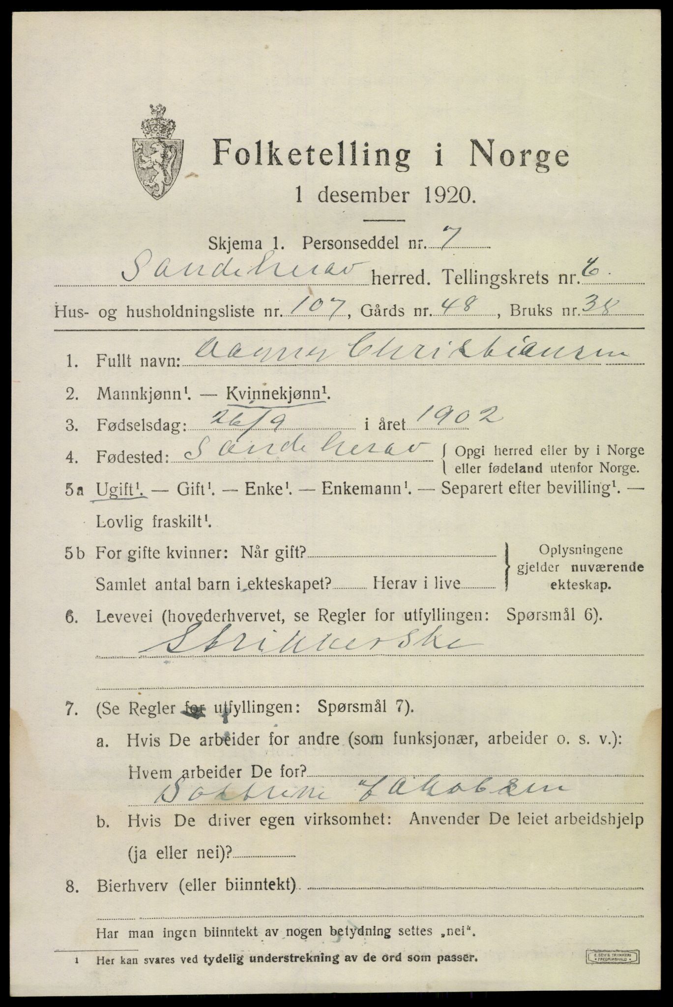 SAKO, 1920 census for Sandeherred, 1920, p. 11044