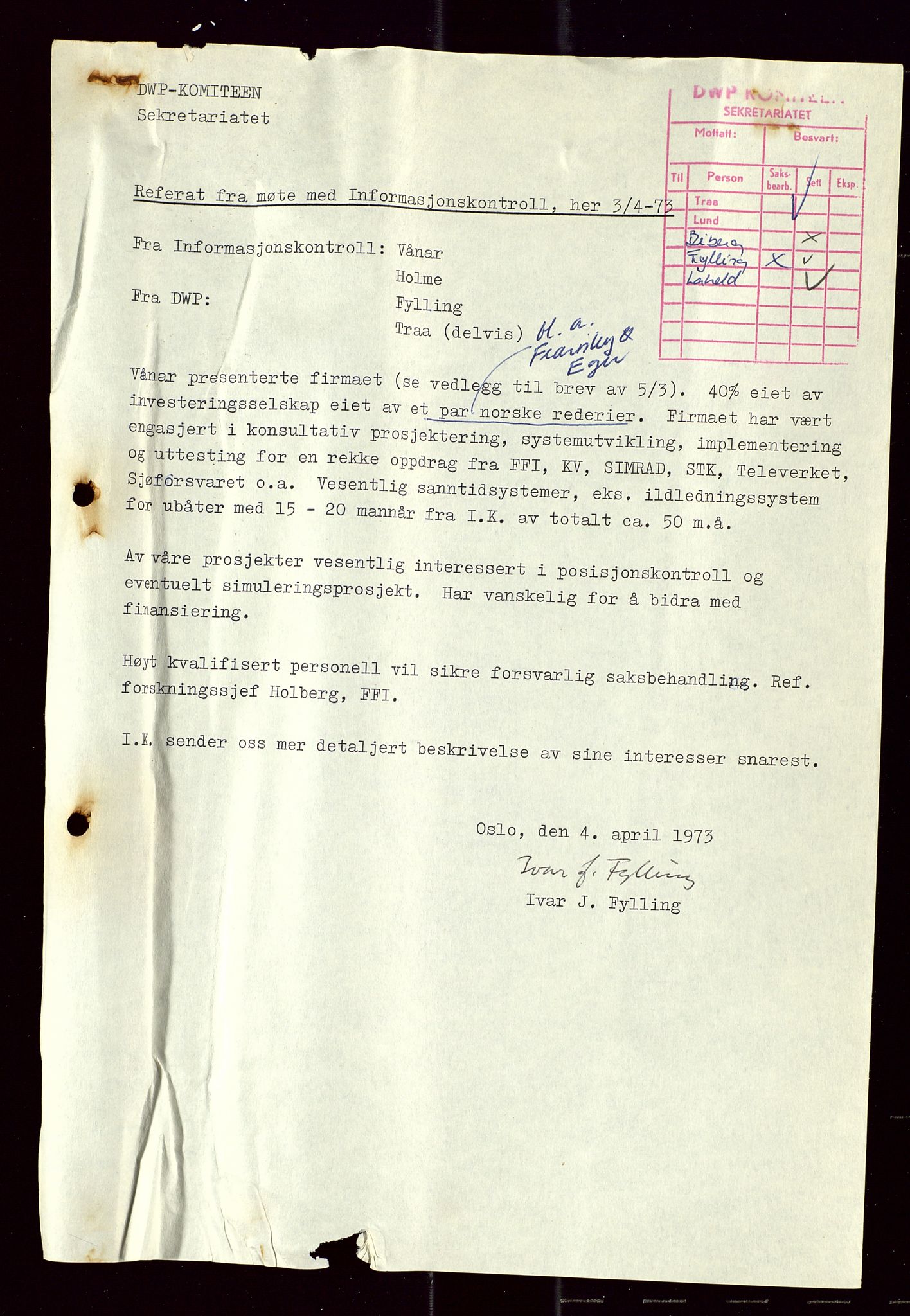 Industridepartementet, Oljekontoret, AV/SAST-A-101348/Di/L0005: DWP, 761 forskning/teknologi, 2 prot. DWP feasibility study, 1972-1975, p. 204