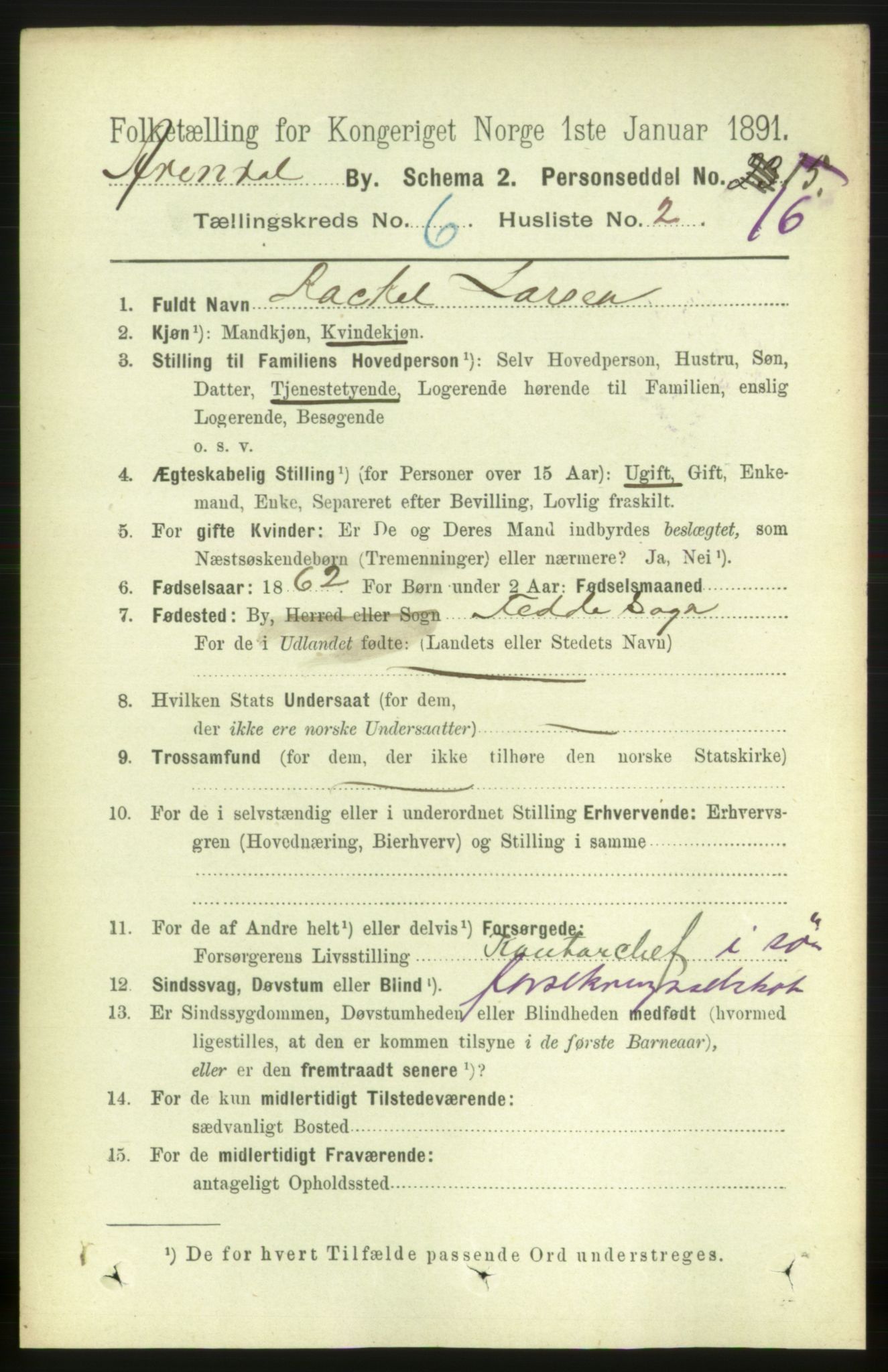 RA, 1891 census for 0903 Arendal, 1891, p. 2145