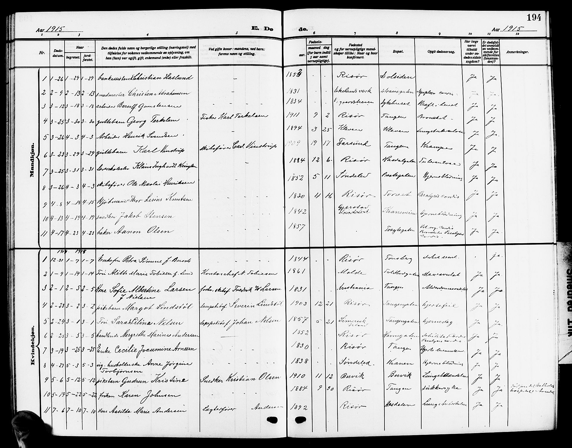 Risør sokneprestkontor, SAK/1111-0035/F/Fb/L0008: Parish register (copy) no. B 8, 1909-1921, p. 194