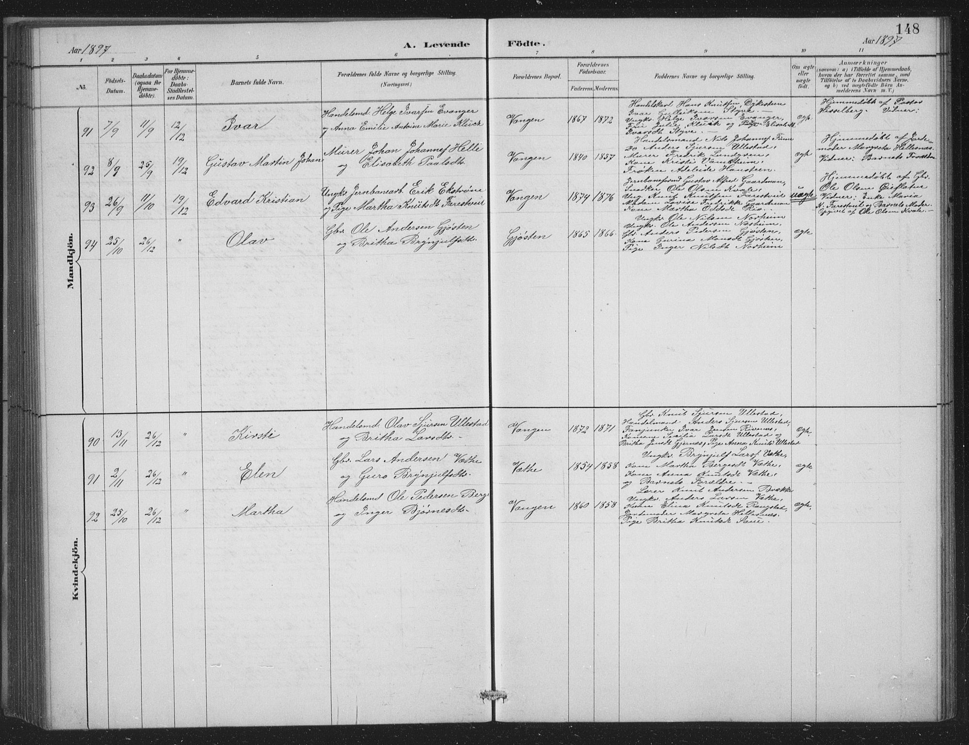 Voss sokneprestembete, SAB/A-79001/H/Hab: Parish register (copy) no. C 1, 1886-1899, p. 148