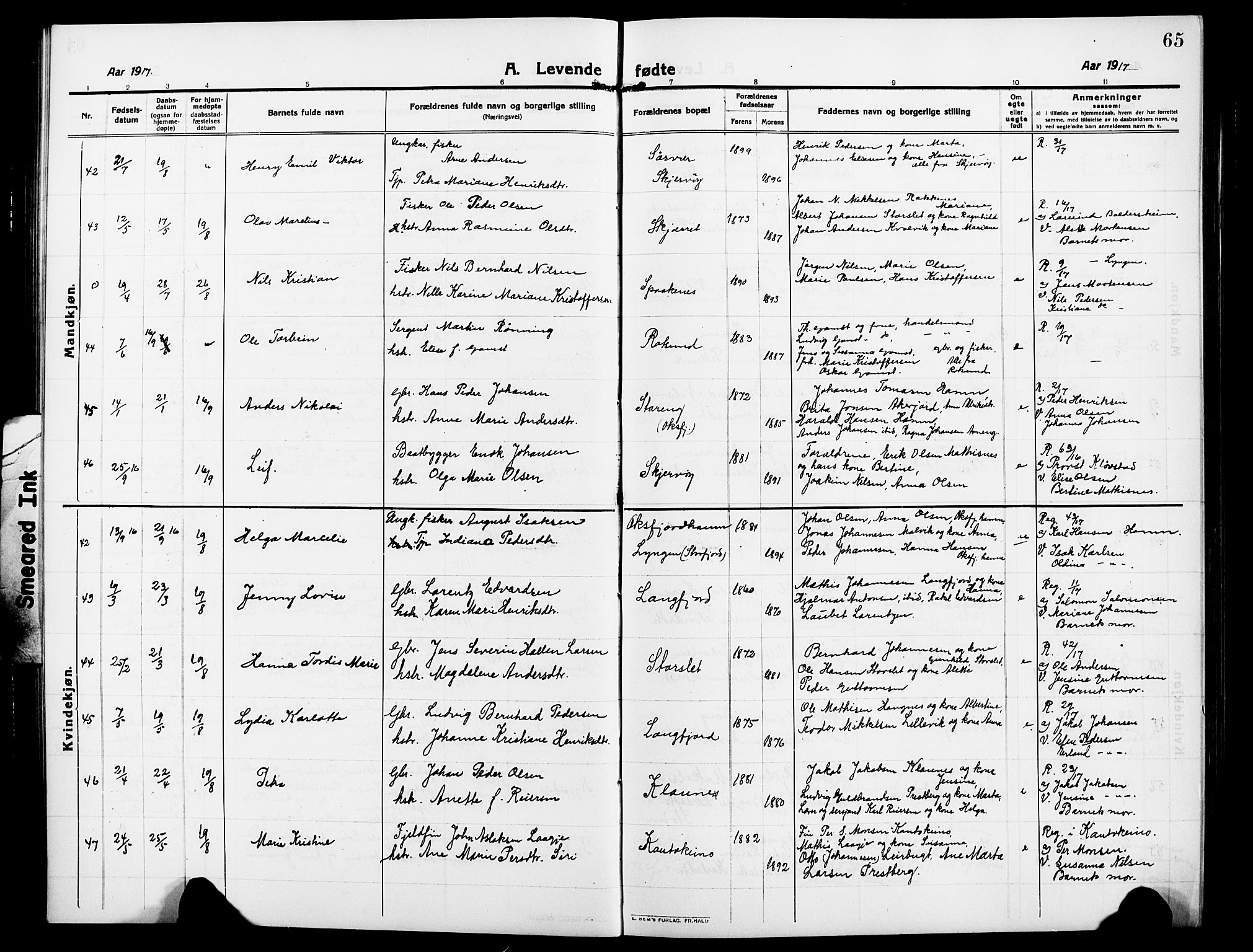 Skjervøy sokneprestkontor, AV/SATØ-S-1300/H/Ha/Hab/L0009klokker: Parish register (copy) no. 9, 1911-1926, p. 65