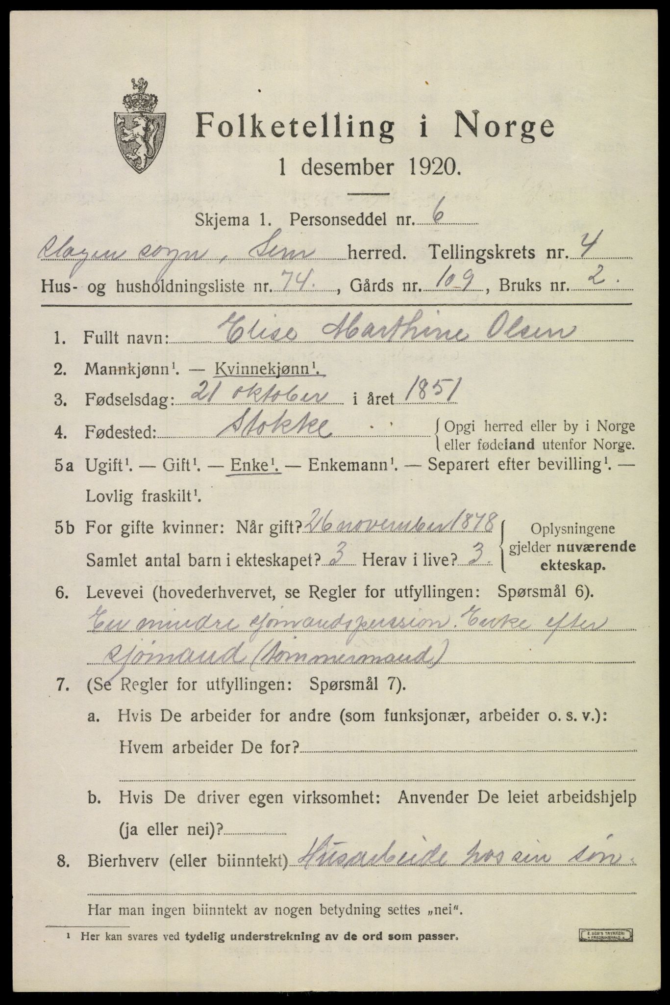 SAKO, 1920 census for Sem, 1920, p. 7847