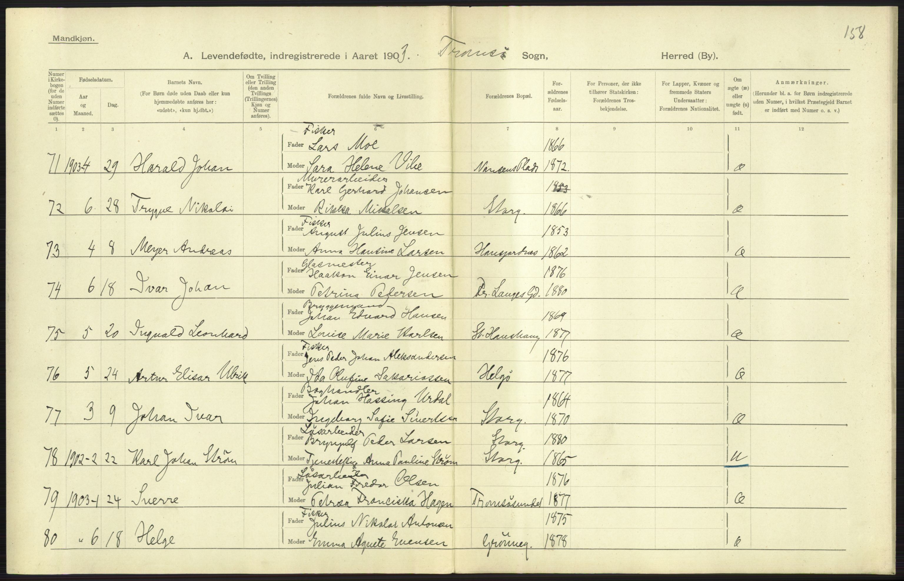 Statistisk sentralbyrå, Sosiodemografiske emner, Befolkning, AV/RA-S-2228/D/Df/Dfa/Dfaa/L0021: Tromsø amt: Fødte, gifte, døde., 1903, p. 283