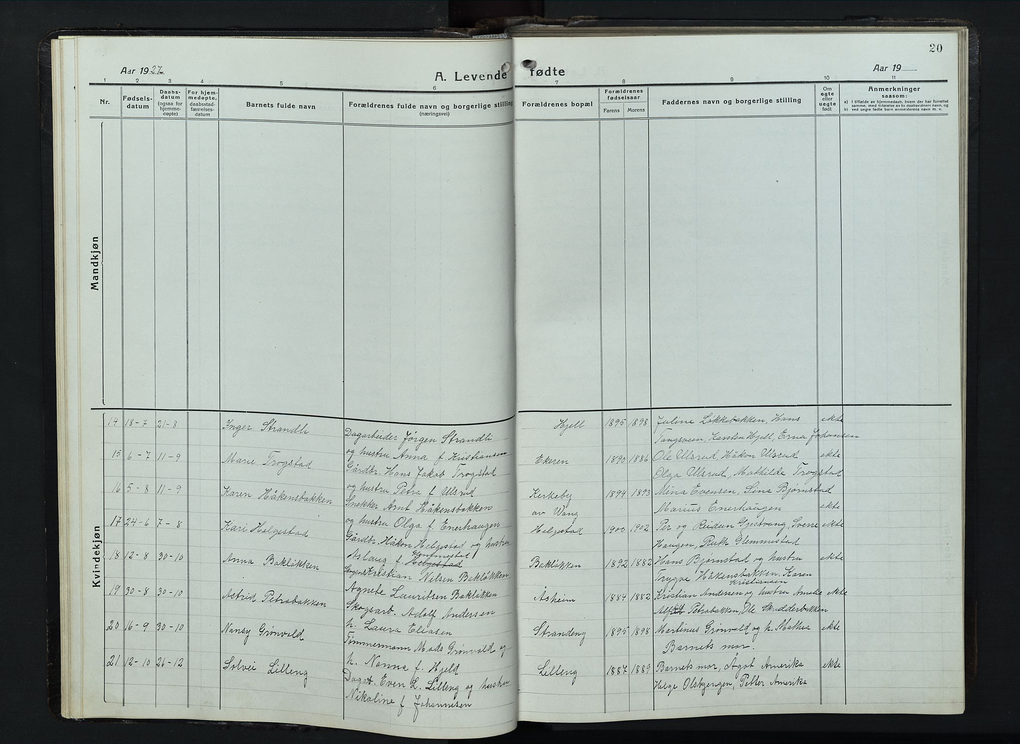 Balke prestekontor, SAH/PREST-106/H/Ha/Hab/L0001: Parish register (copy) no. 1, 1920-1955, p. 20