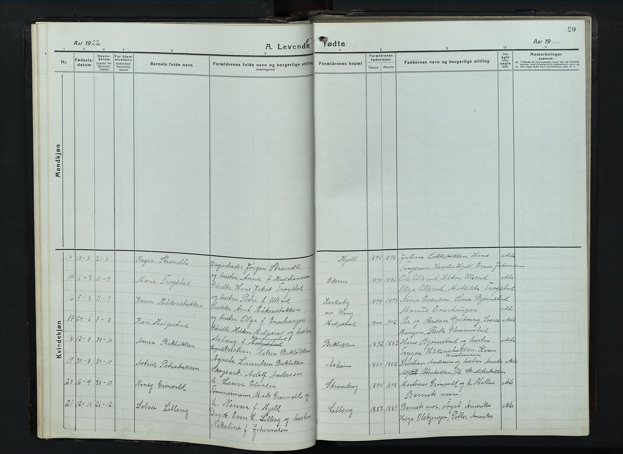 Balke prestekontor, AV/SAH-PREST-106/H/Ha/Hab/L0001: Parish register (copy) no. 1, 1920-1955, p. 20