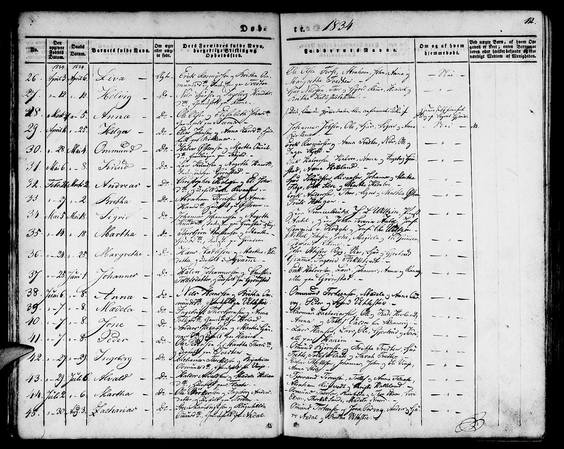 Etne sokneprestembete, AV/SAB-A-75001/H/Haa: Parish register (official) no. A 7, 1831-1847, p. 12