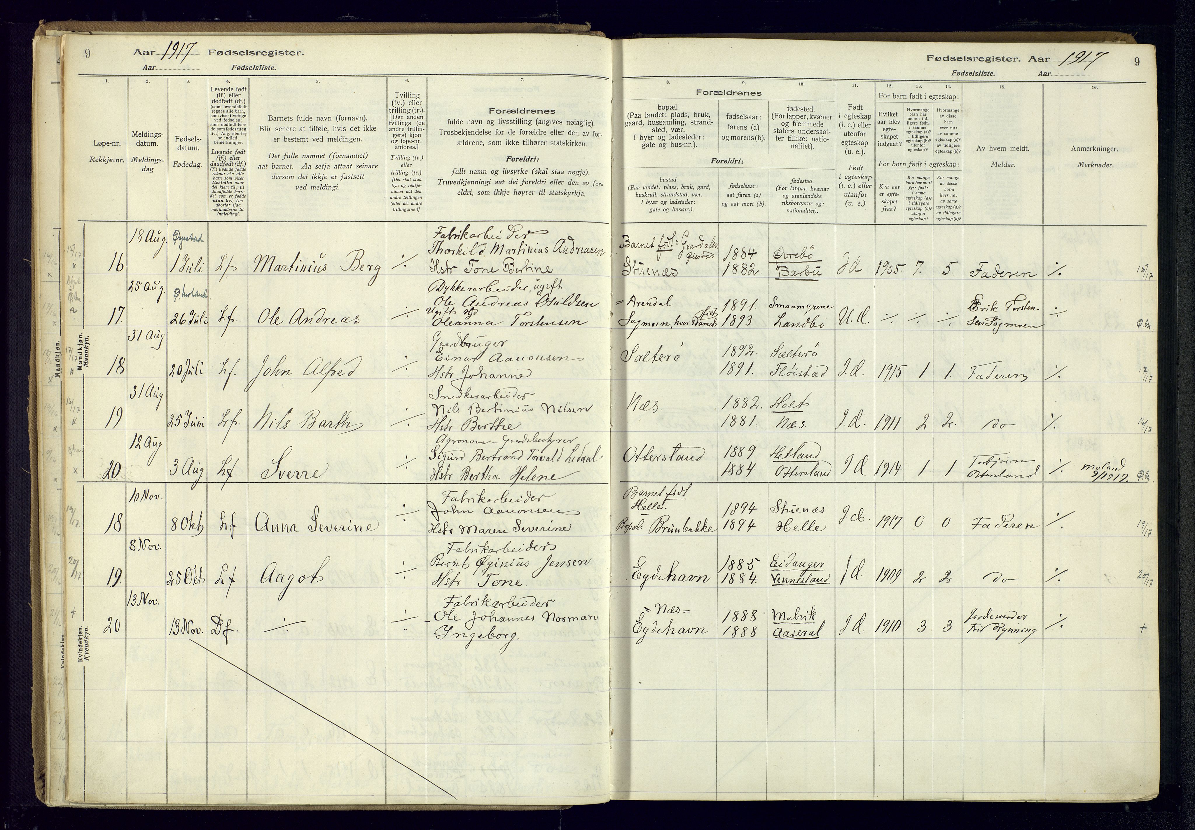 Austre Moland sokneprestkontor, AV/SAK-1111-0001/J/Ja/L0003: Birth register no. A-VI-27, 1916-1950, p. 9