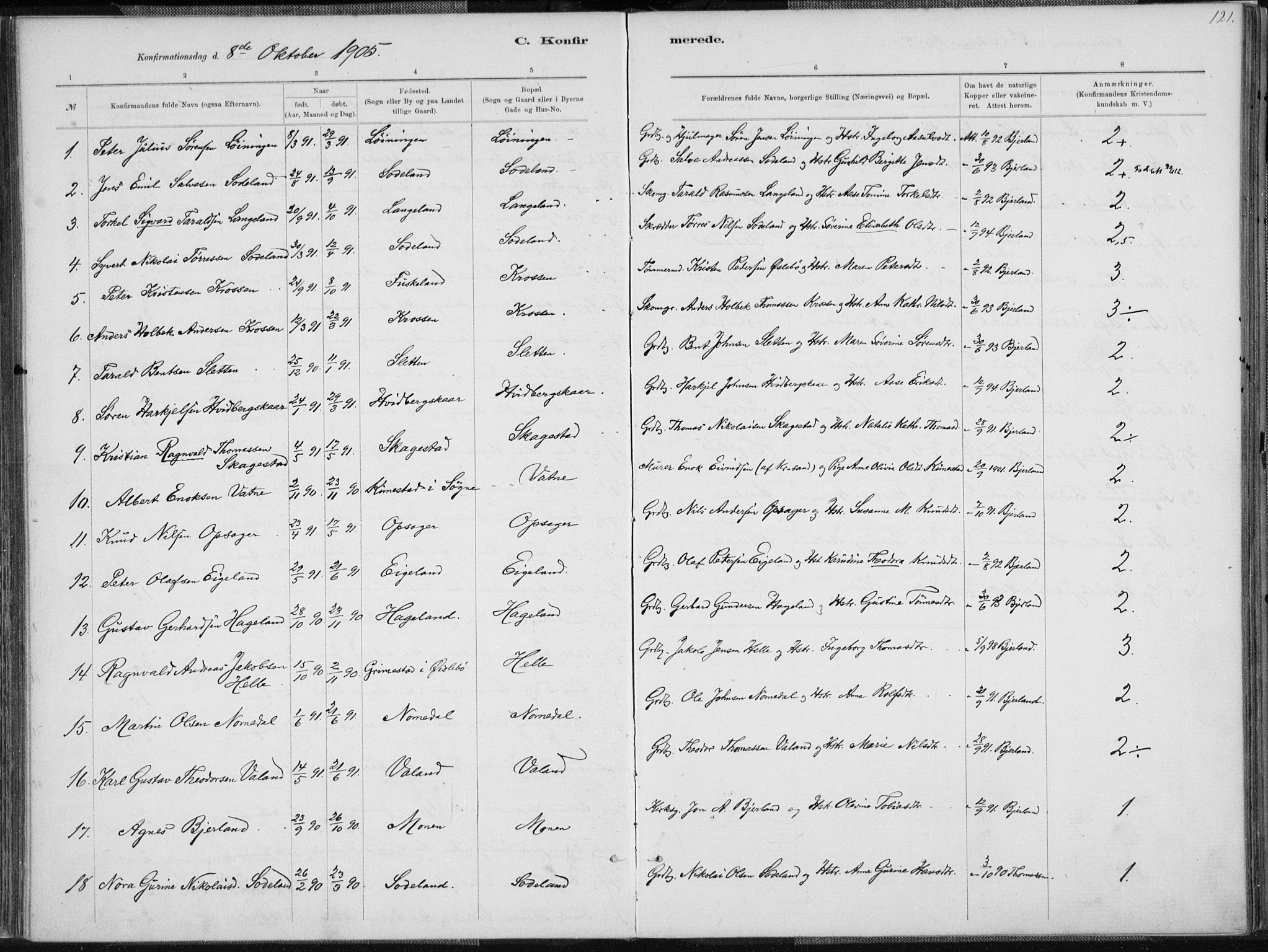 Holum sokneprestkontor, SAK/1111-0022/F/Fa/Faa/L0007: Parish register (official) no. A 7, 1884-1907, p. 121