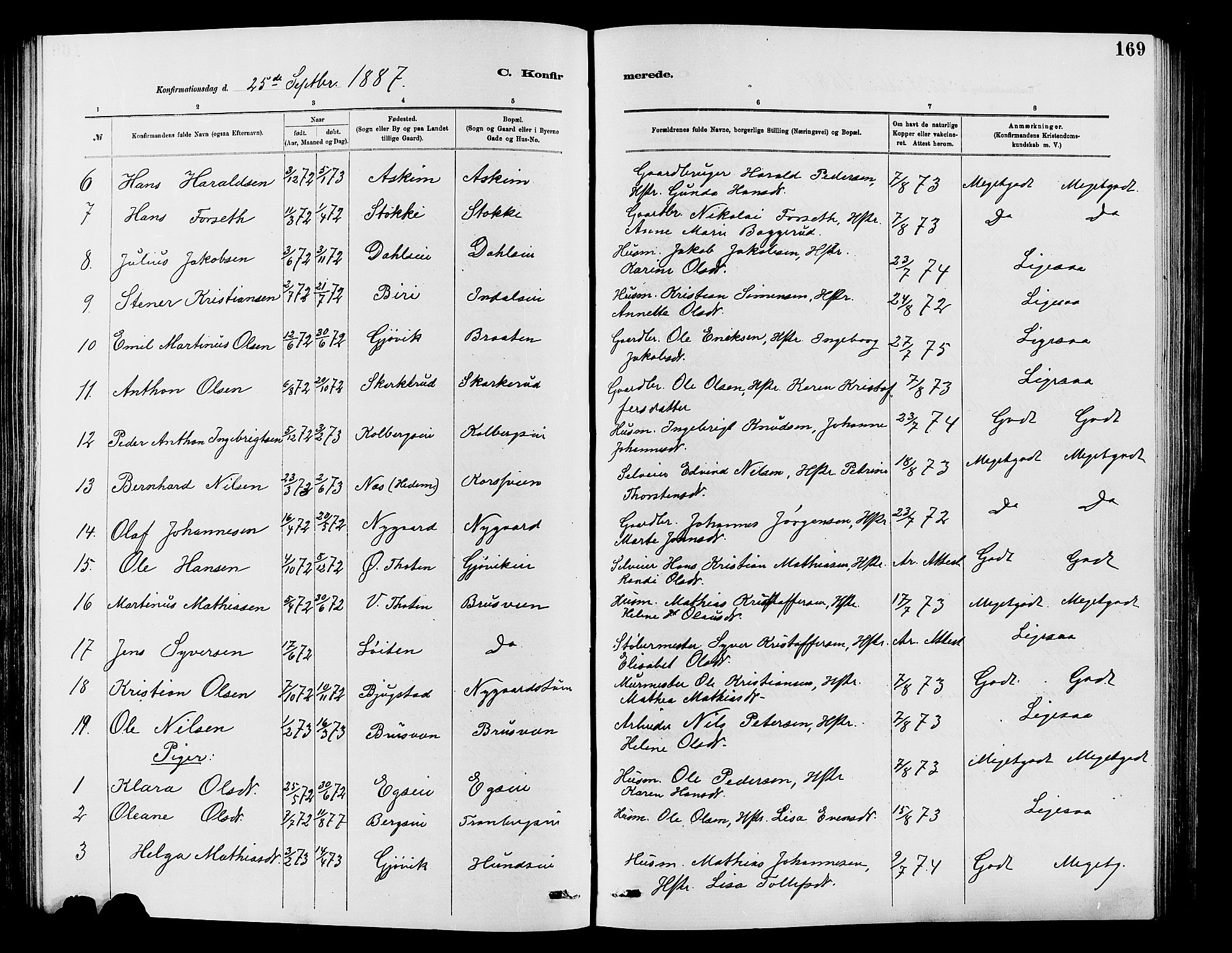 Vardal prestekontor, SAH/PREST-100/H/Ha/Hab/L0007: Parish register (copy) no. 7 /1, 1881-1895, p. 169