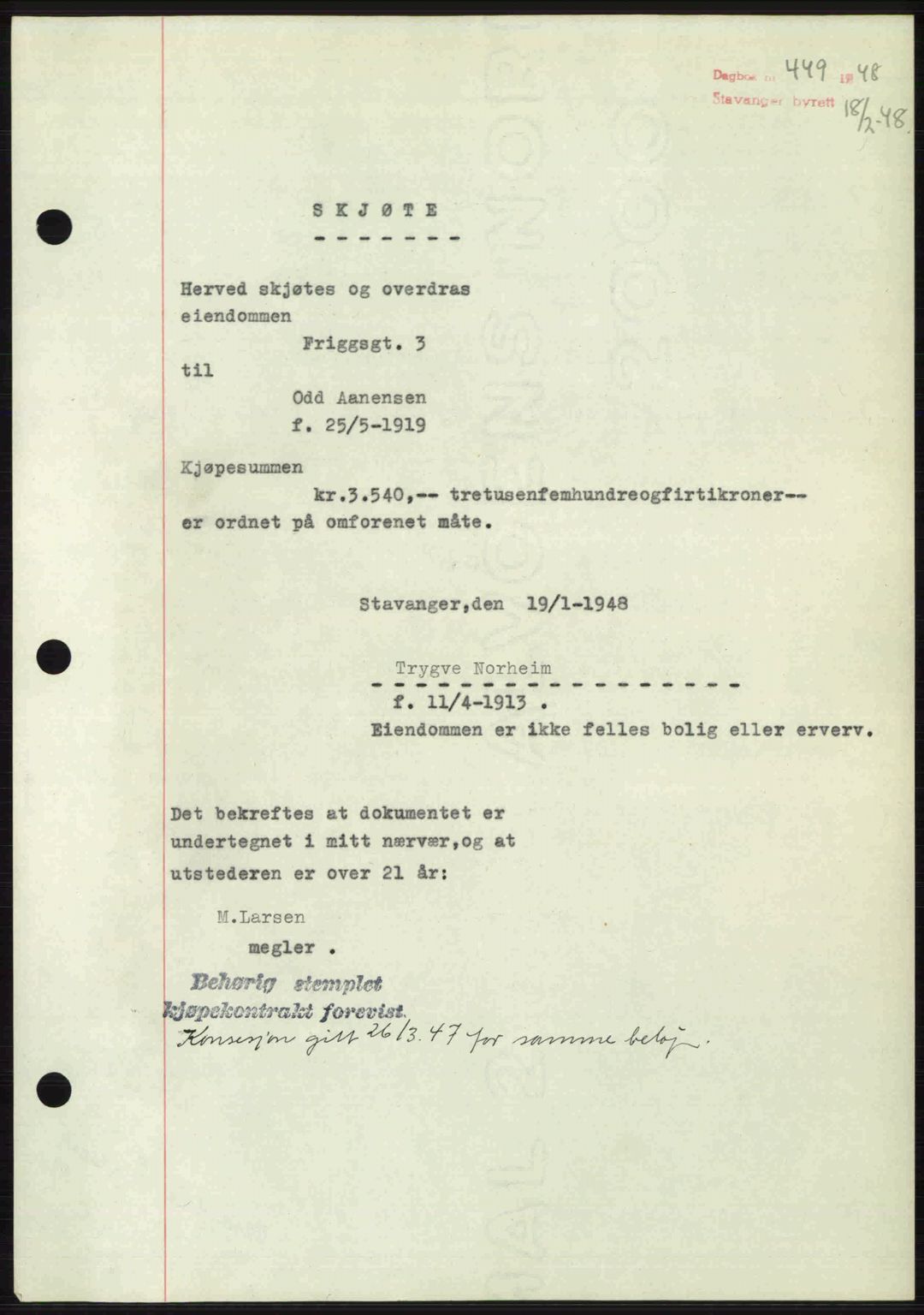 Stavanger byrett, SAST/A-100455/002/G/Gb/L0022: Mortgage book no. A11, 1947-1948, Diary no: : 449/1948