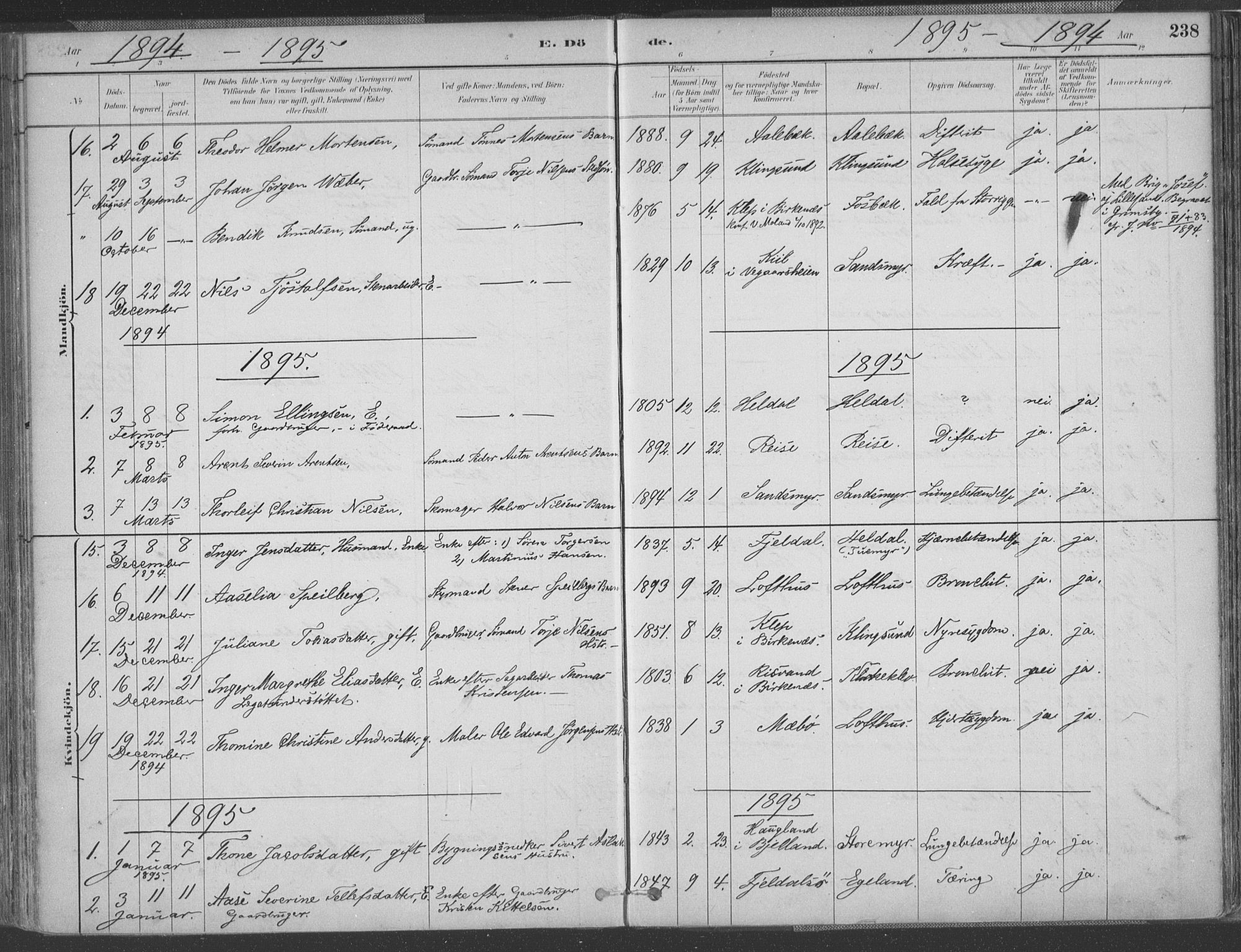 Vestre Moland sokneprestkontor, SAK/1111-0046/F/Fa/Fab/L0009: Parish register (official) no. A 9, 1884-1899, p. 238